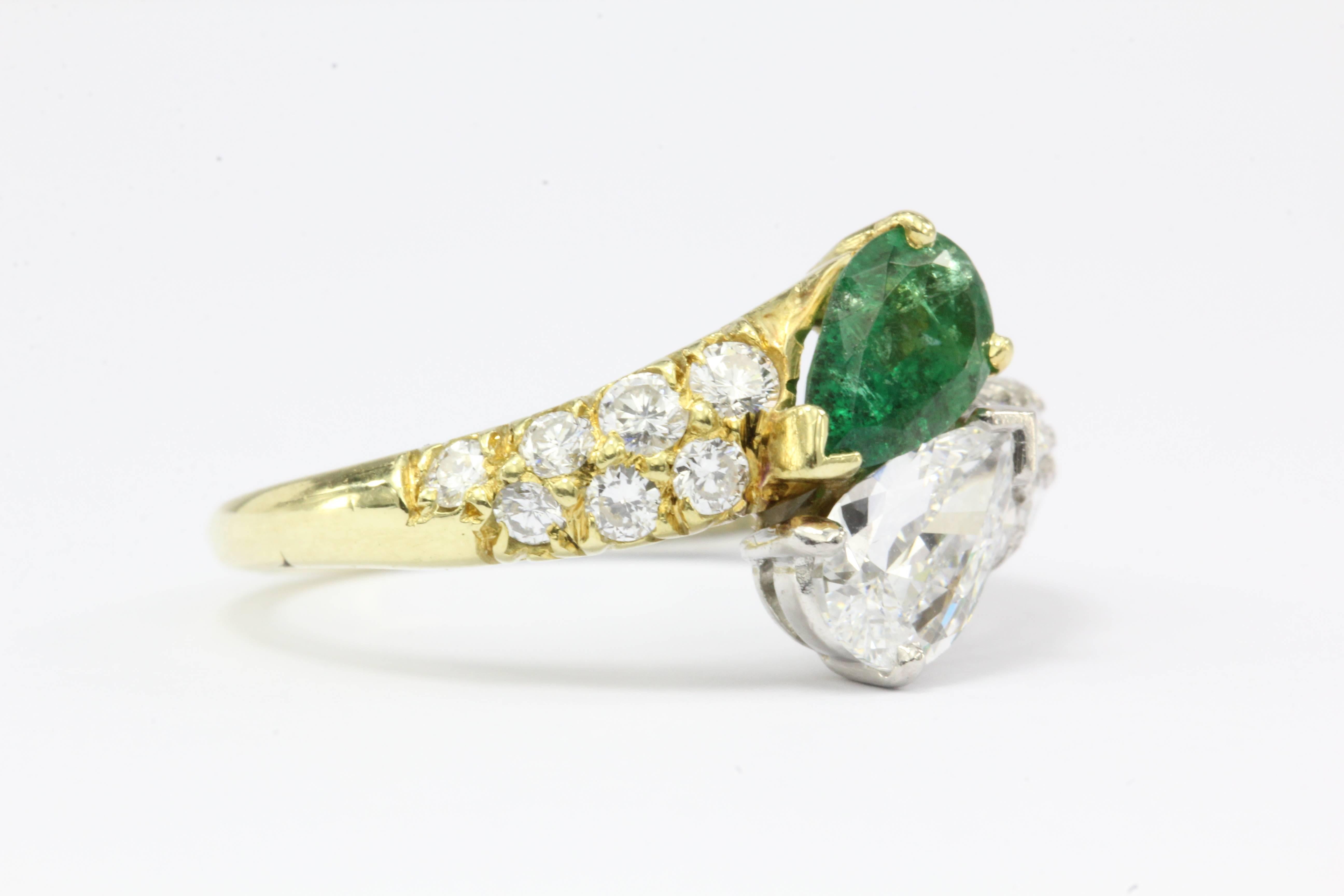 Cartier Retro Emerald Diamond Gold Platinum Ring In Excellent Condition In Cape May, NJ