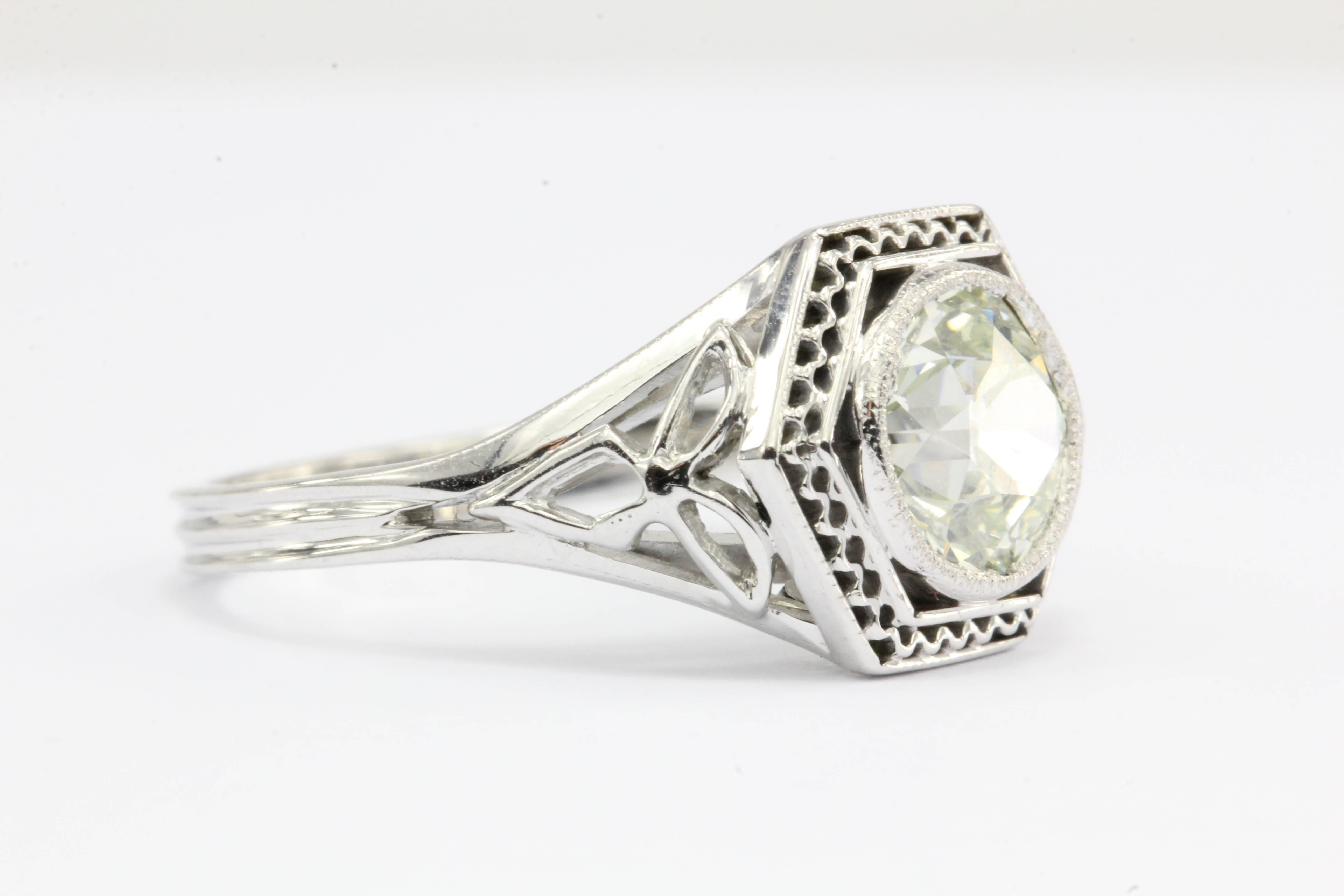 Art Nouveau Fancy Green Old European Diamond Ring In Excellent Condition In Cape May, NJ