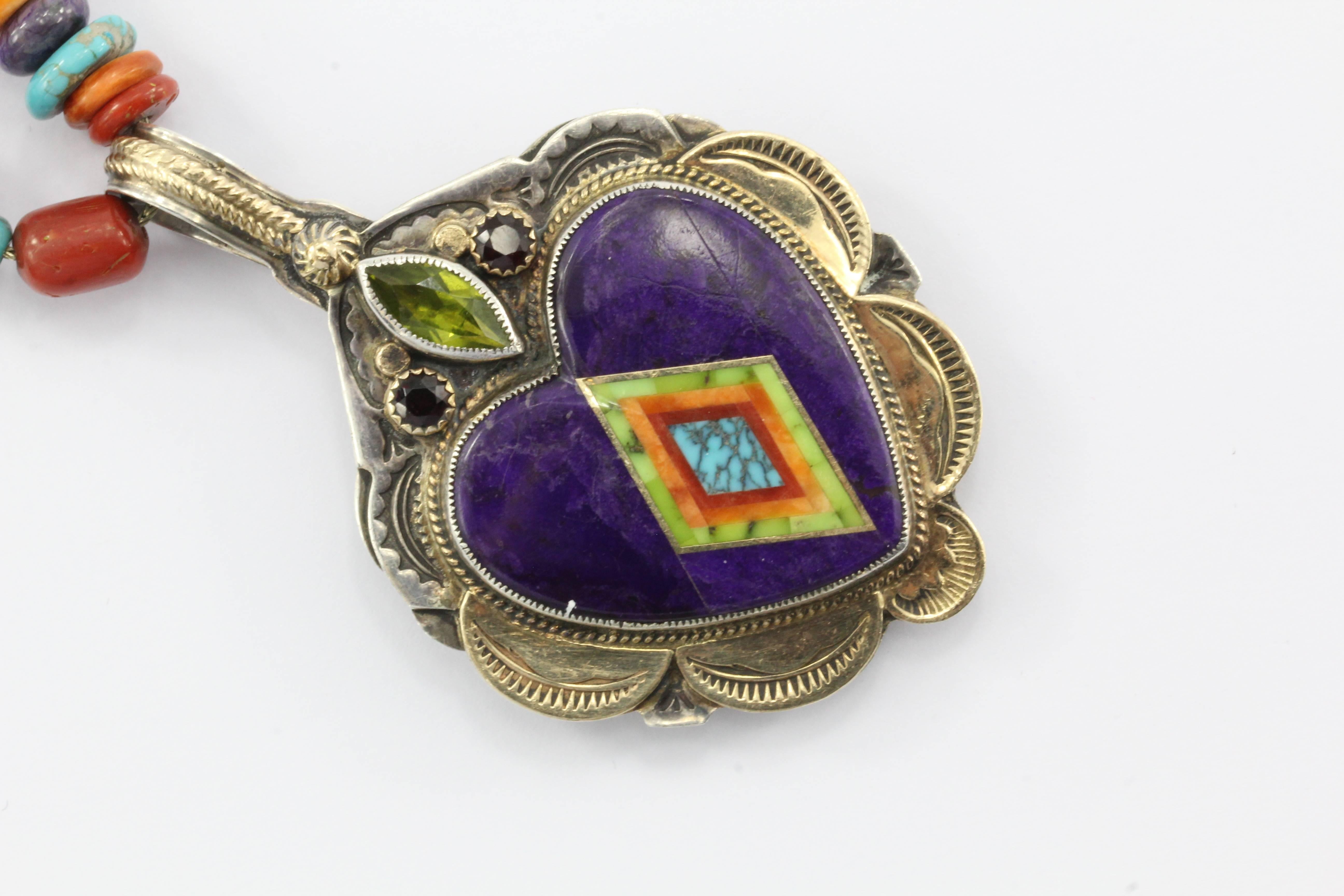 Native American Benny & Valerie Aldrich Ju-Ju Beads Sterling Silver Gold Inlaid Heart Necklace
