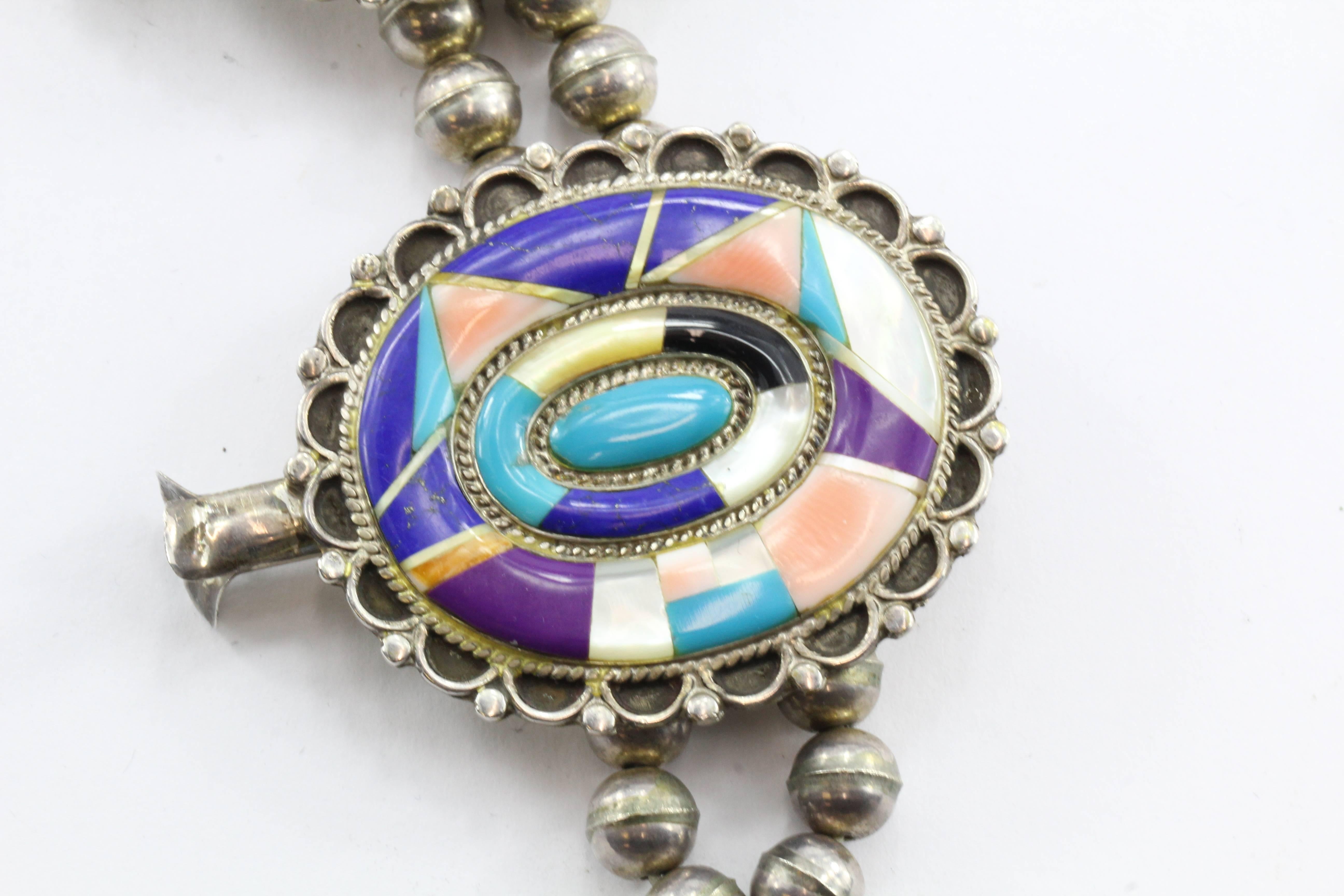 Native American Zuni Silver Snake Rainbow Dance Inlaid Sterling Silver Squash Blossom Necklace