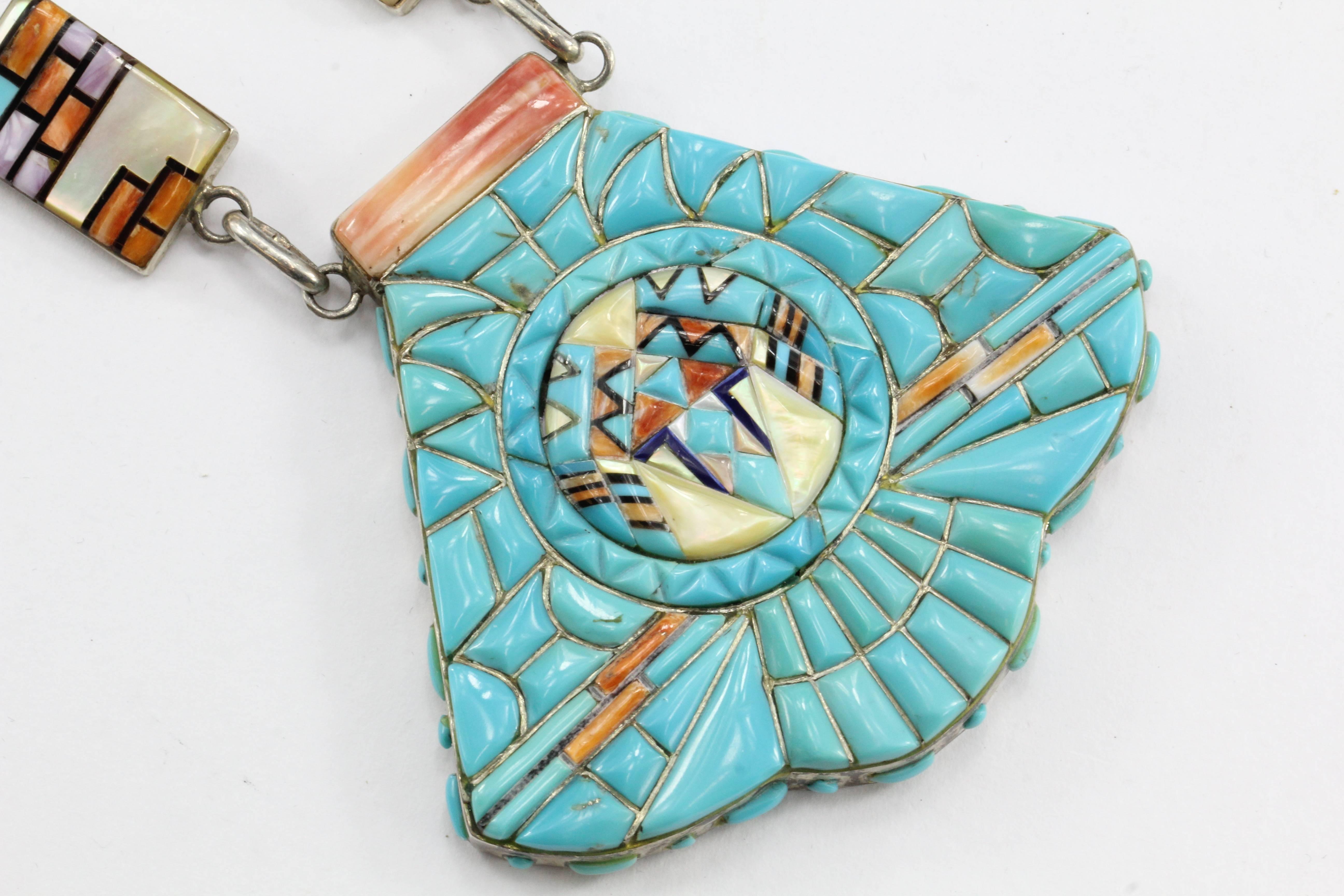 Native American Zuni Sterling Silver Cobblestone Turquoise Inlaid Large Chunky Necklace