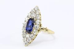 Edwardian Blue Sapphire Old European Cut Diamond Gold Navette Ring