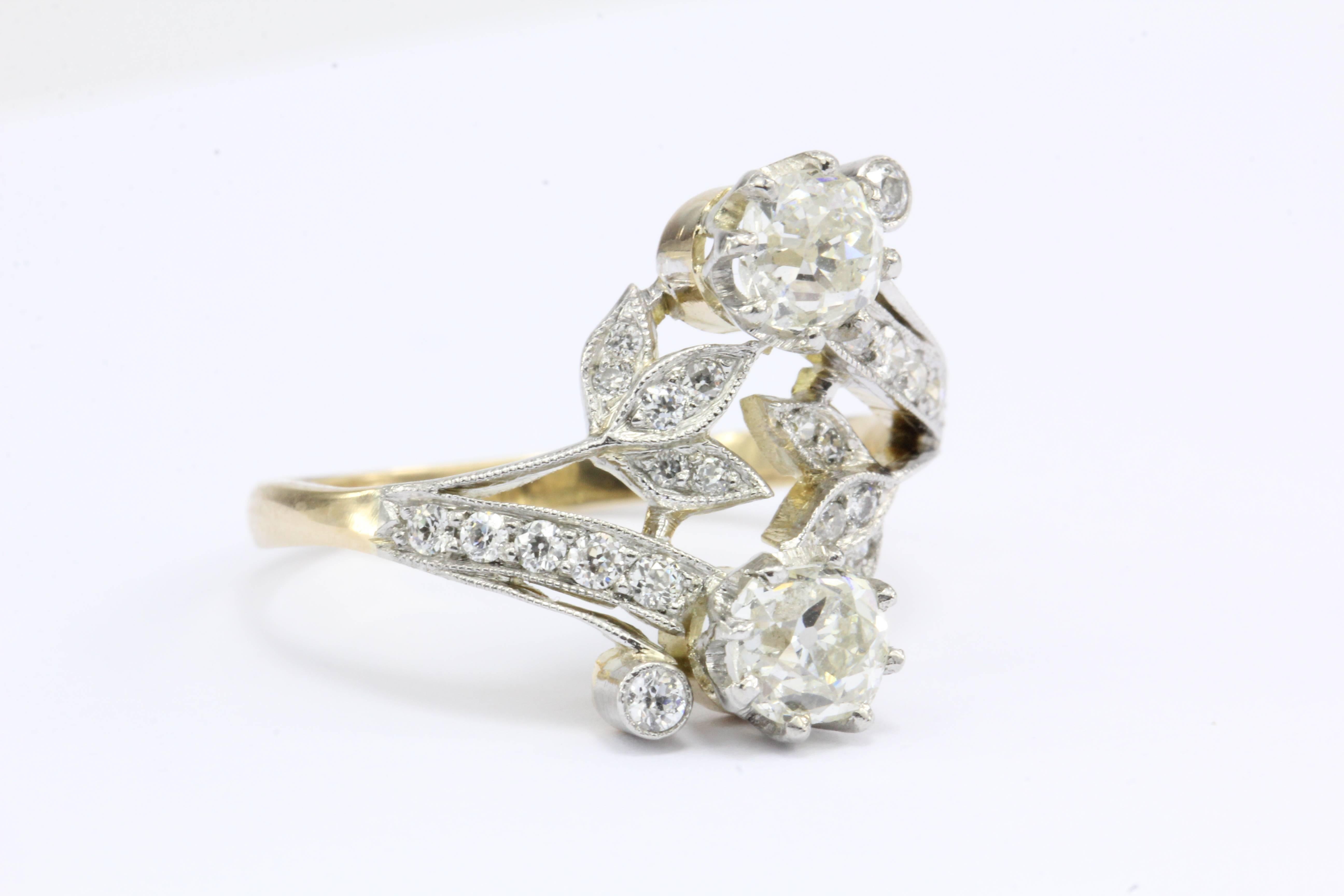 Edwardian Old Mine Diamond Yellow Gold and Platinum Floral Motif Ring In Excellent Condition In Cape May, NJ