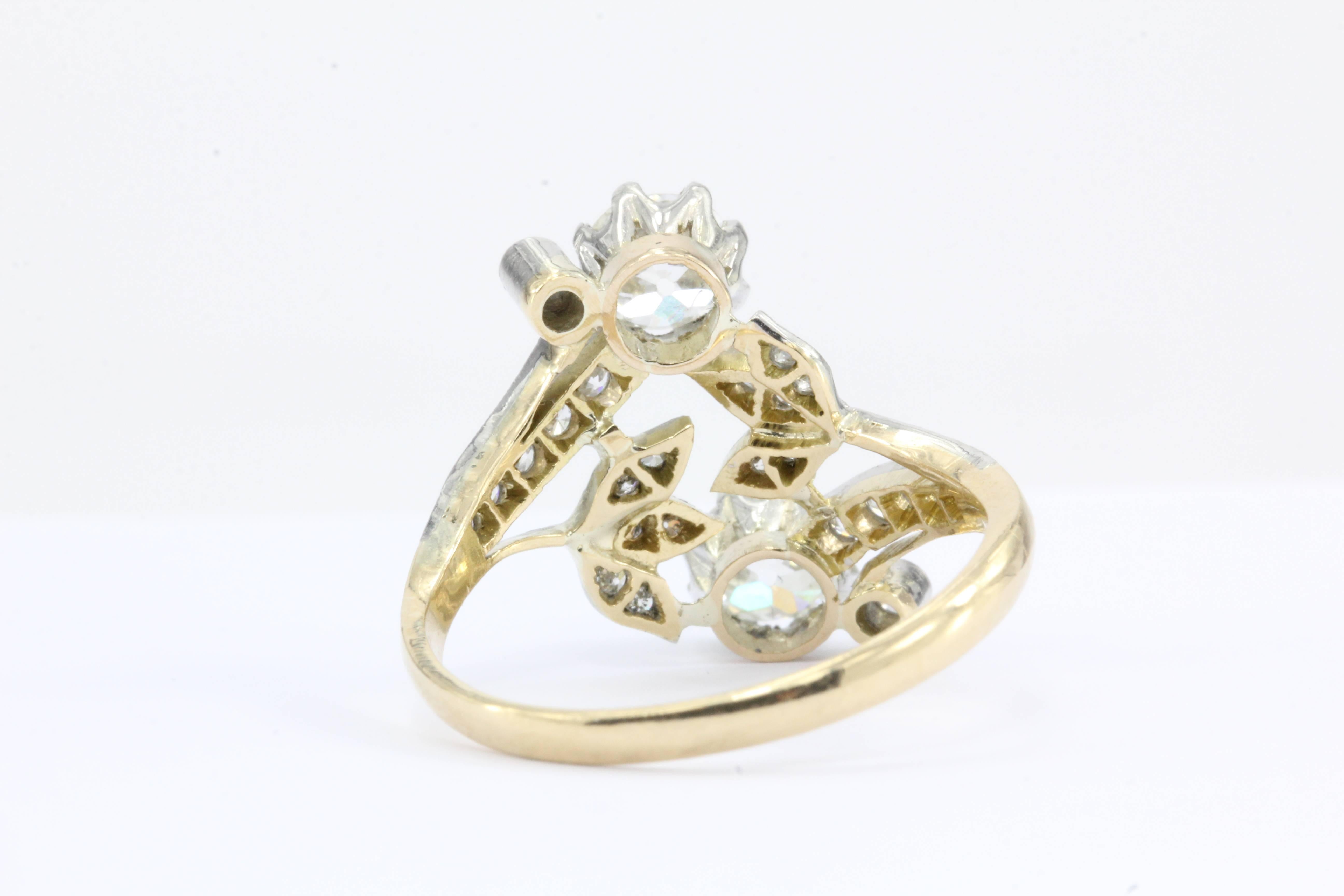 Women's Edwardian Old Mine Diamond Yellow Gold and Platinum Floral Motif Ring