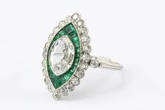 Antique 1.05 Carat Moval Diamond Emerald Halo Ring,
