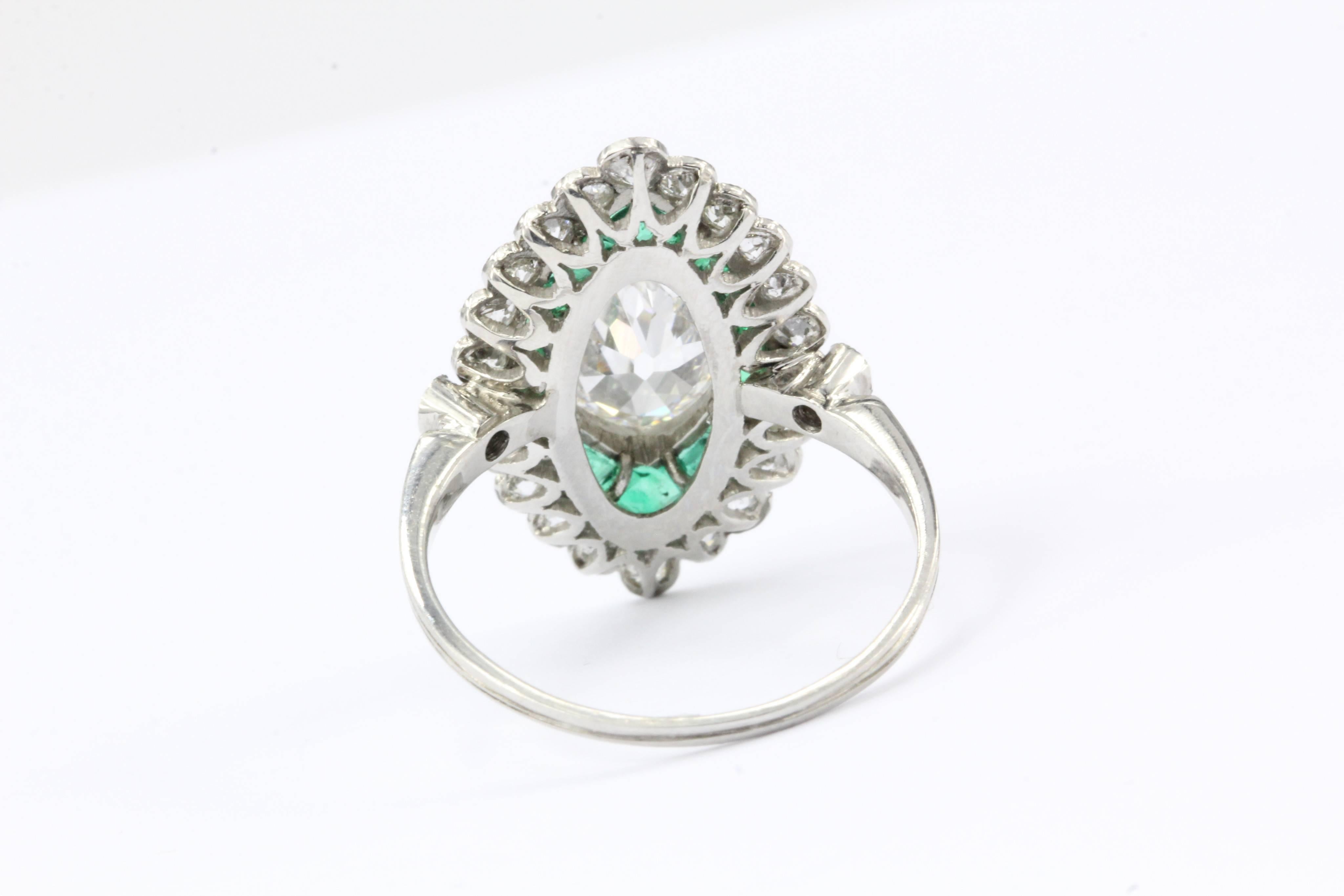 Edwardian Antique 1.05 Carat Moval Diamond Emerald Halo Ring,