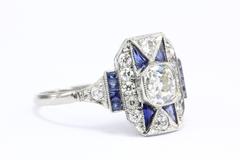 Art Deco Sapphire Old Mine Diamond Platinum Filigree Ring, circa 1920