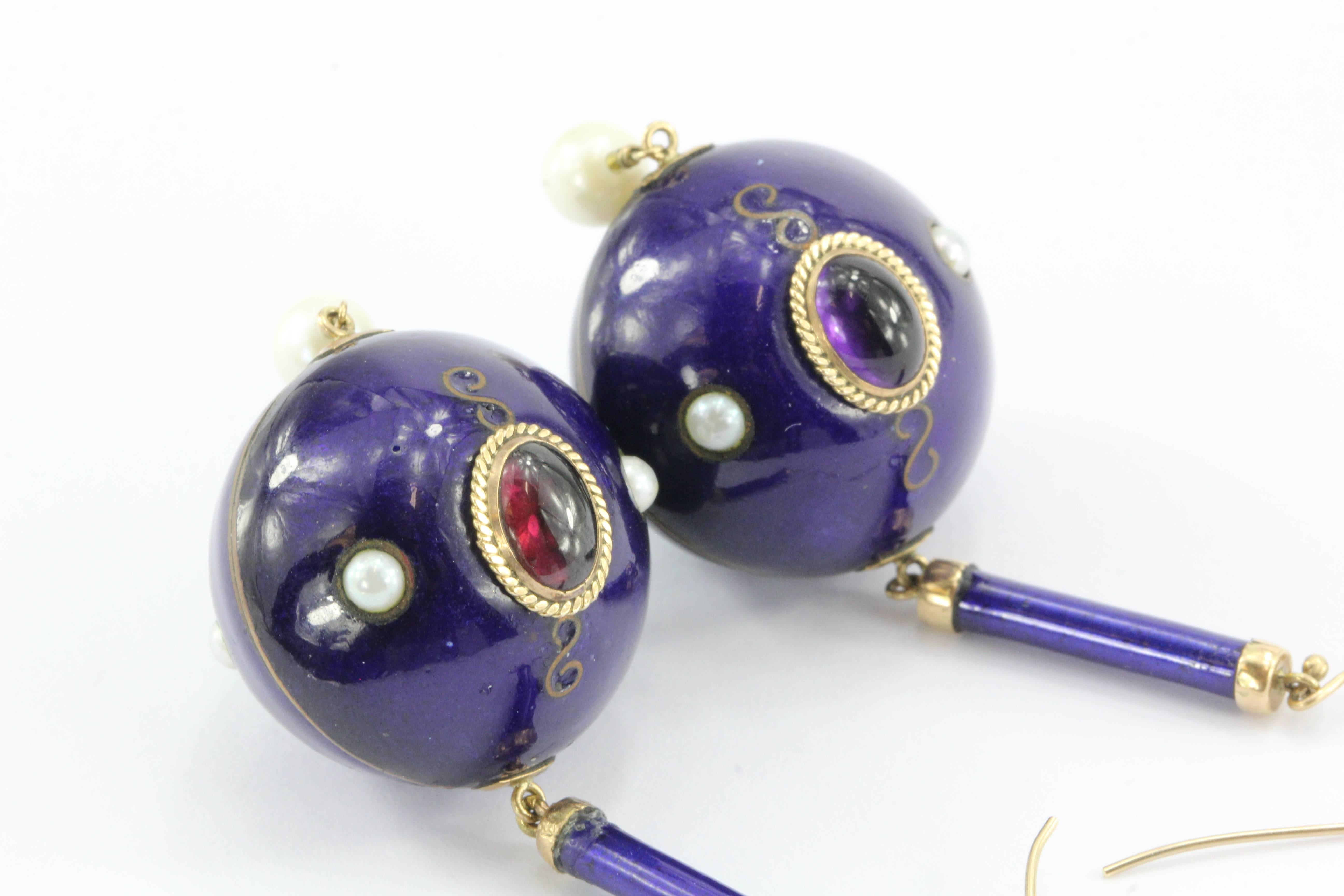 High Victorian Victorian Purple Enamel Garnet Amethyst Pearl Gold Orb Dangle Earrings