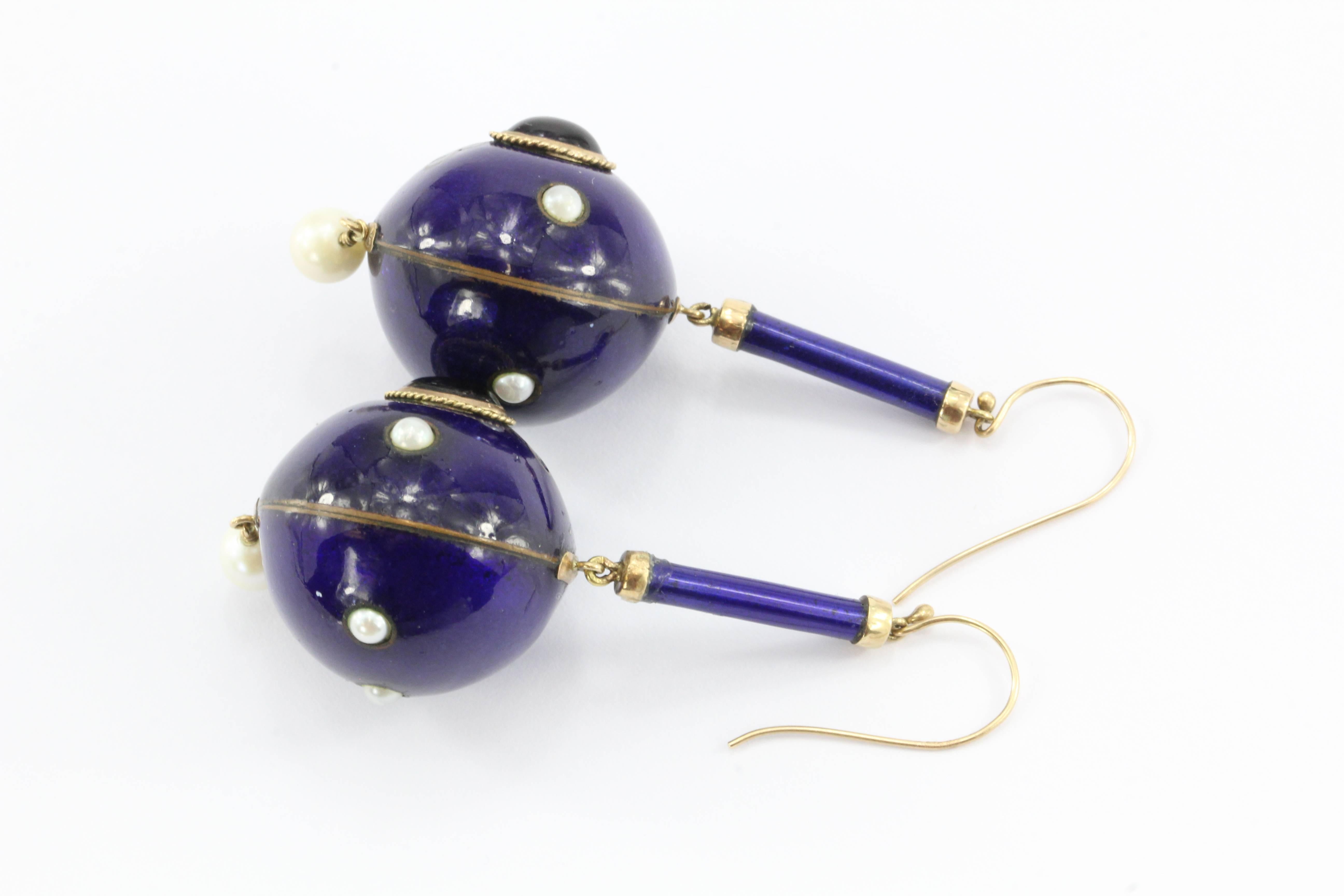 Victorian Purple Enamel Garnet Amethyst Pearl Gold Orb Dangle Earrings In Excellent Condition In Cape May, NJ