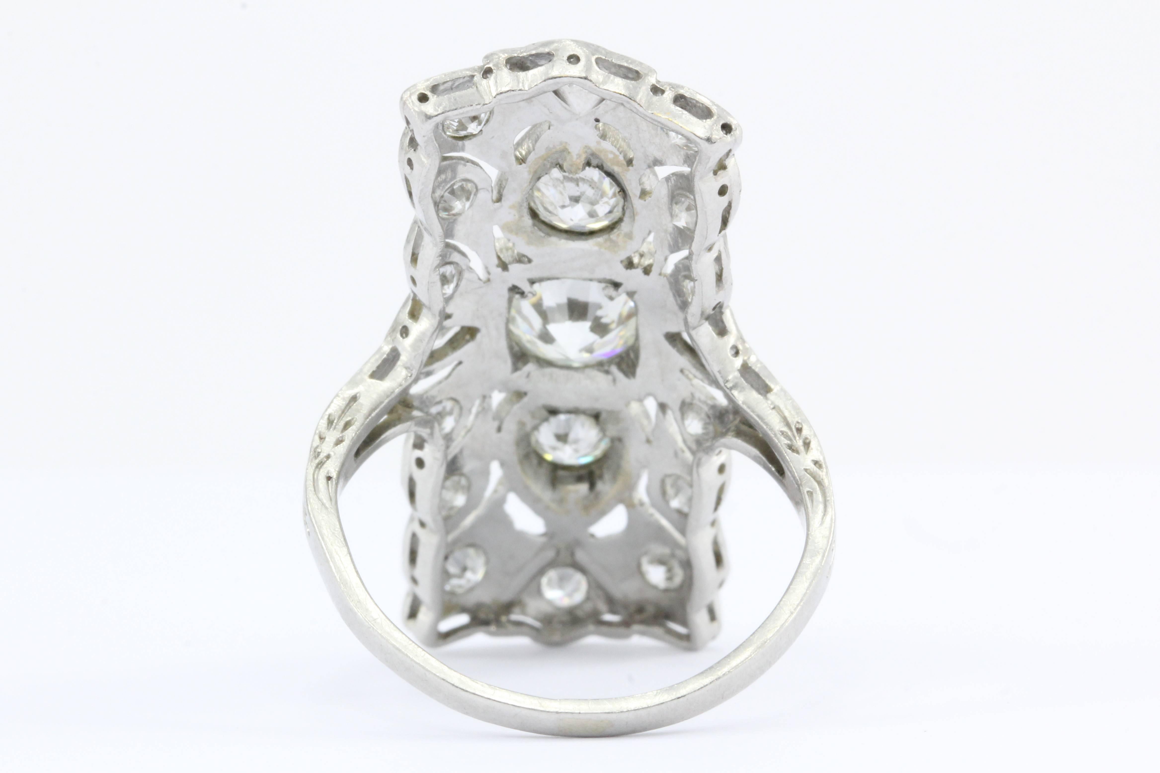 Art Deco Platinum Three-Stone Old European Diamond Shield Ring  In Excellent Condition In Cape May, NJ
