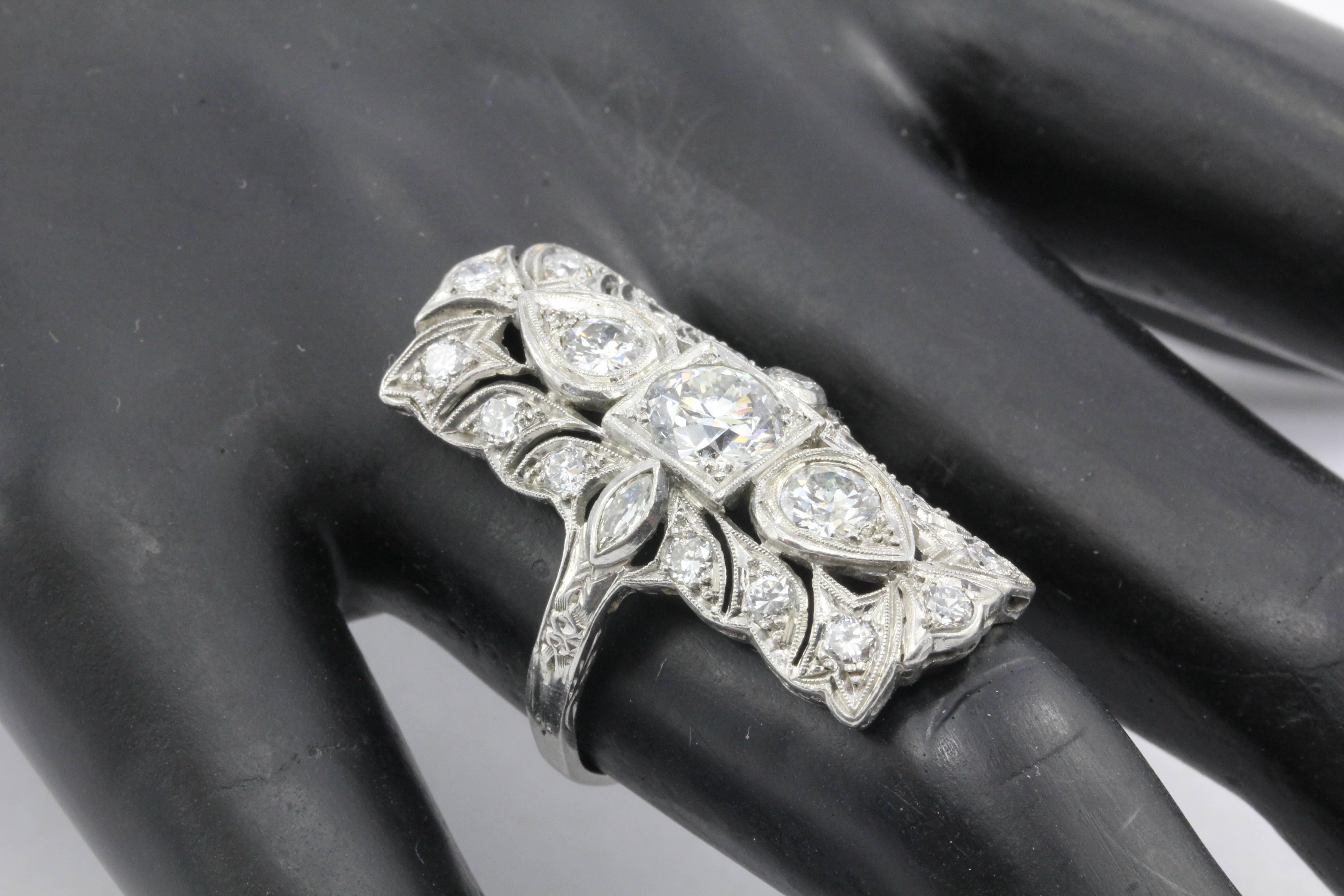 Art Deco Platinum Three-Stone Old European Diamond Shield Ring  3