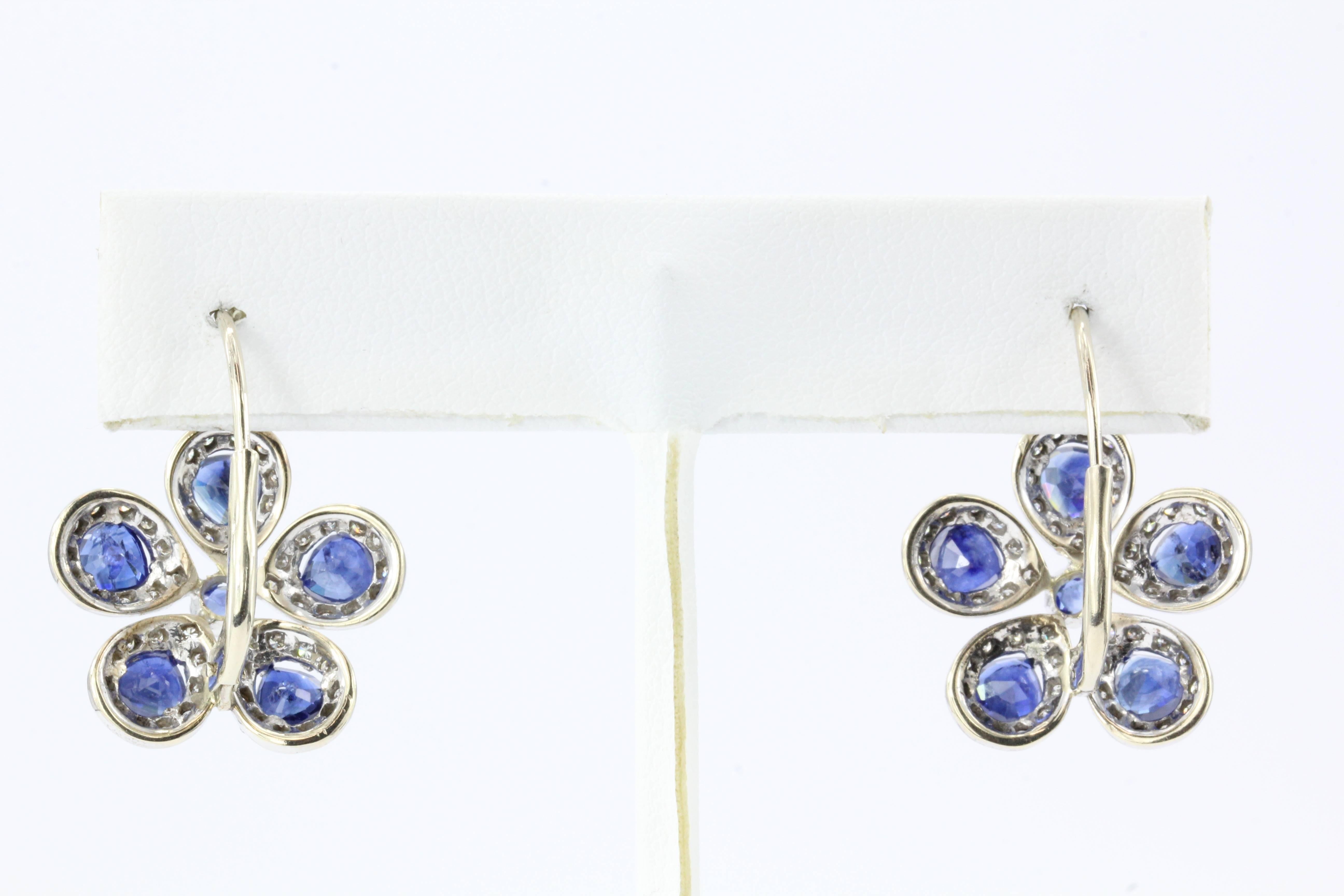 Women's Retro White and Yellow Gold Natural Blue Sapphire Diamond Earrings