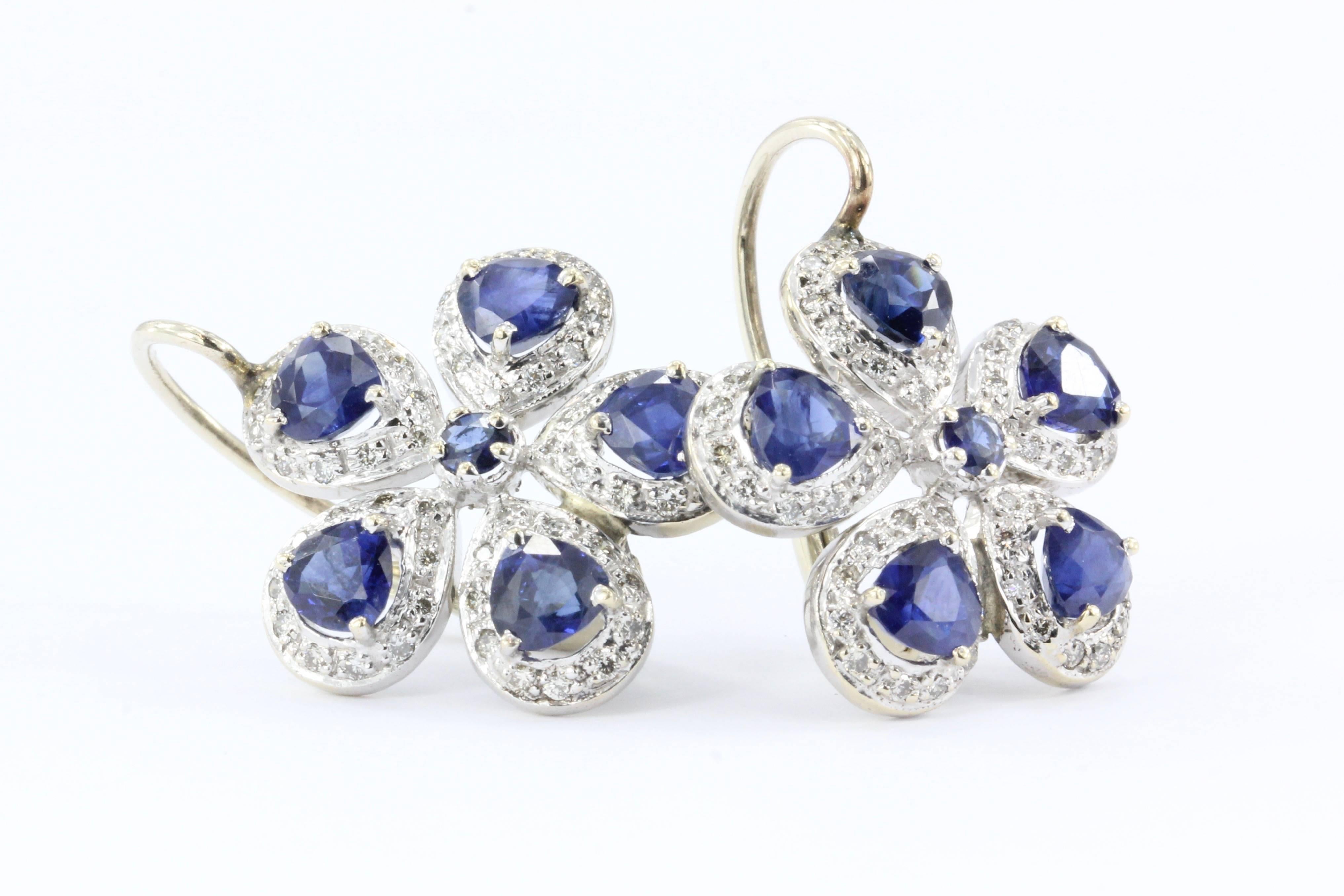 Retro White and Yellow Gold Natural Blue Sapphire Diamond Earrings 2