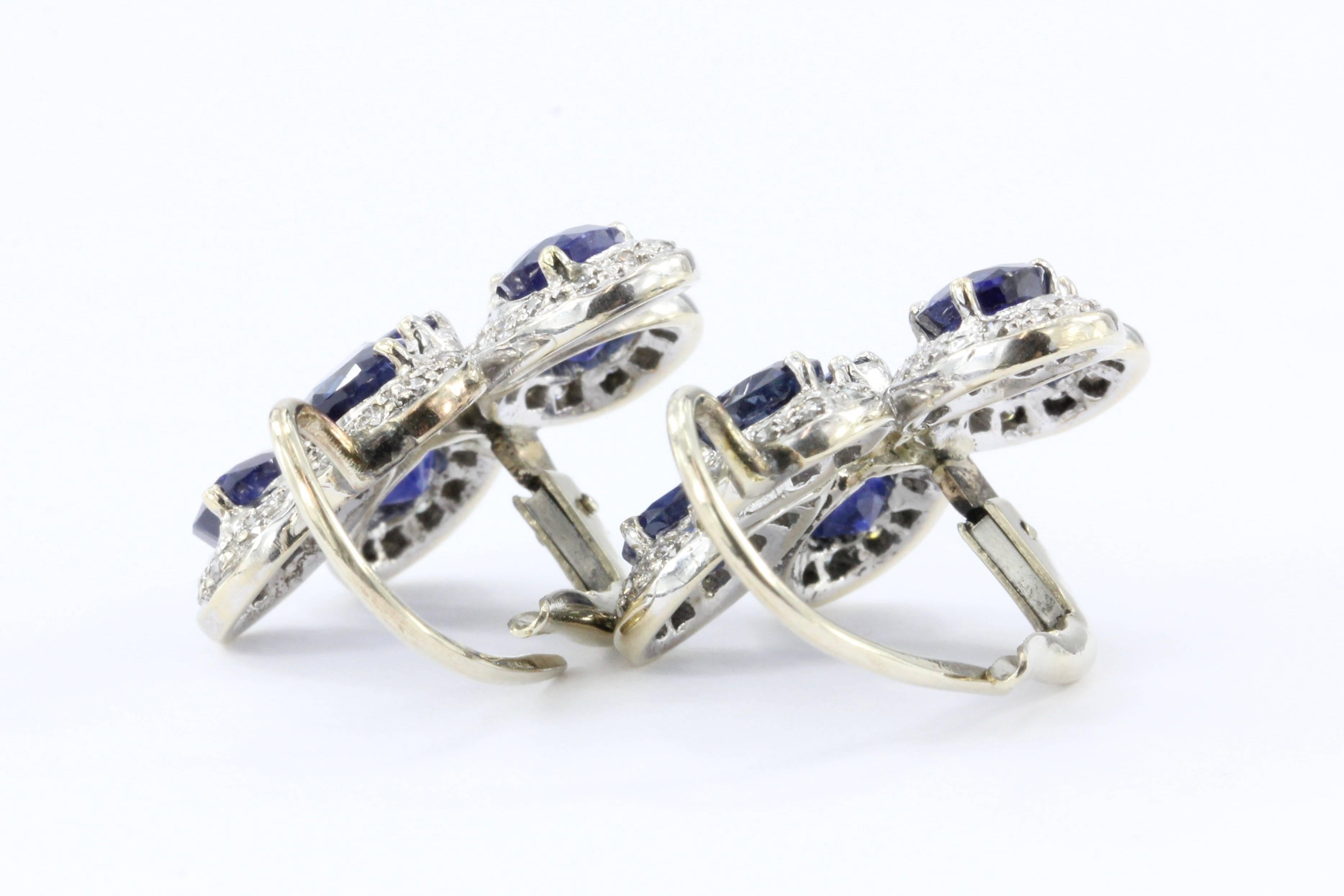 Retro White and Yellow Gold Natural Blue Sapphire Diamond Earrings 4