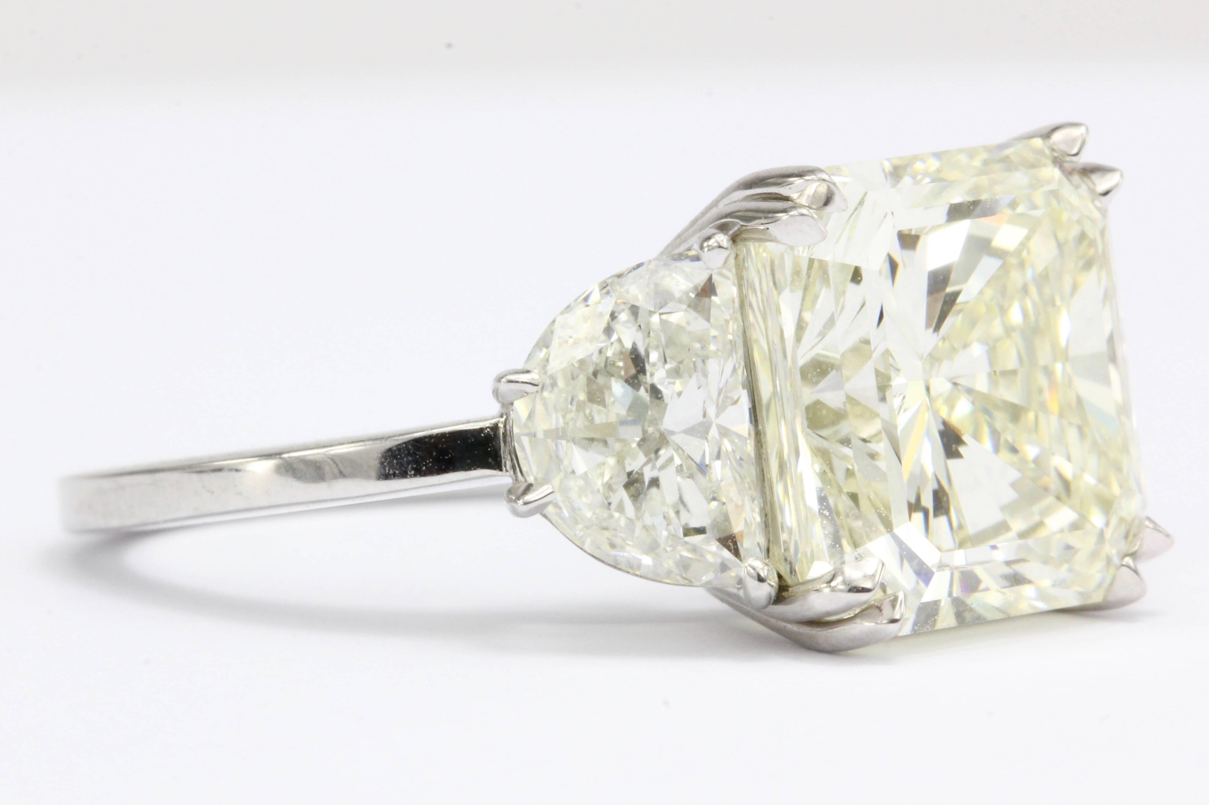 6.35 Carat Radiant Diamond in Platinum Mounting with Two Half Moons Ring In Excellent Condition In Cape May, NJ