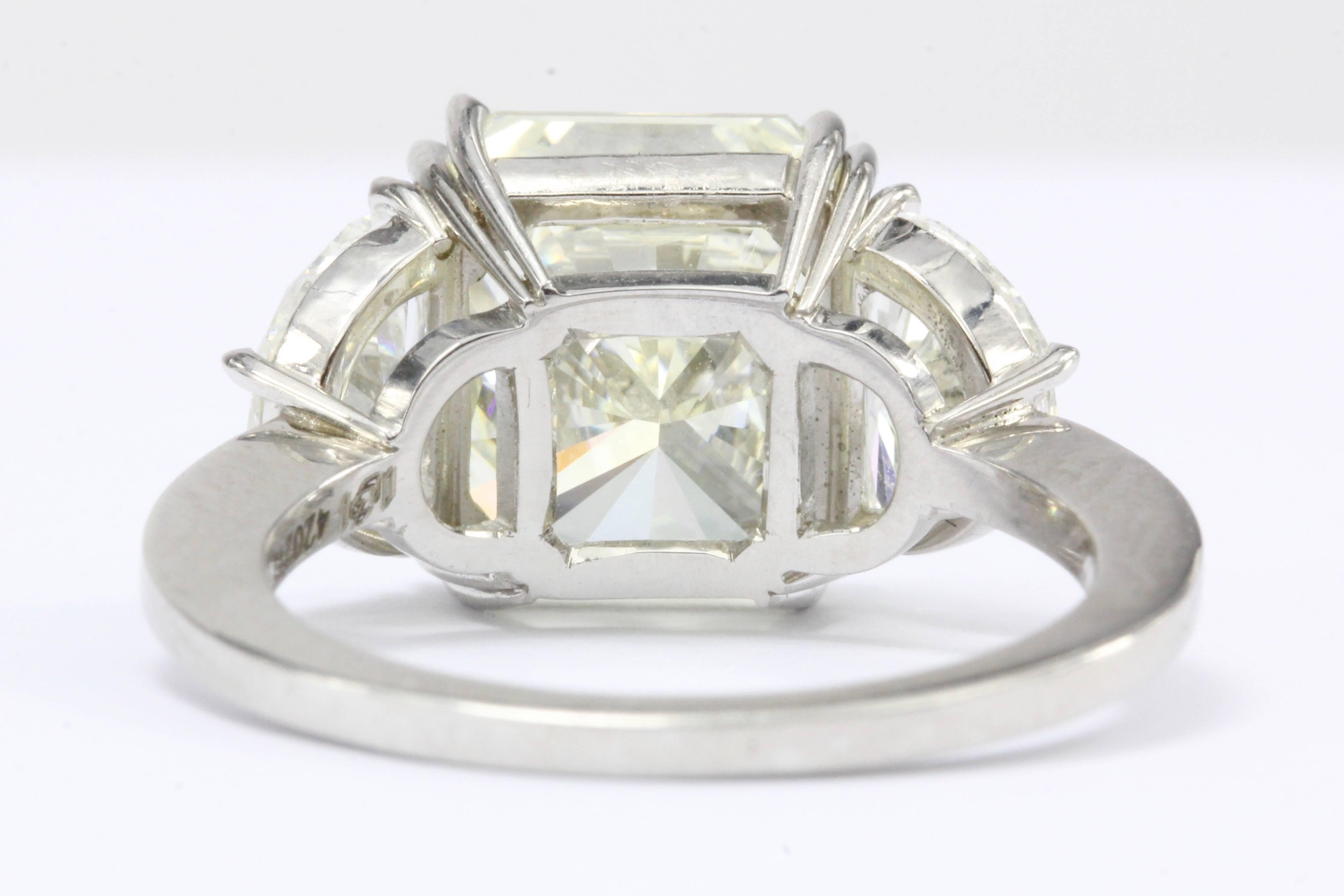 Women's 6.35 Carat Radiant Diamond in Platinum Mounting with Two Half Moons Ring