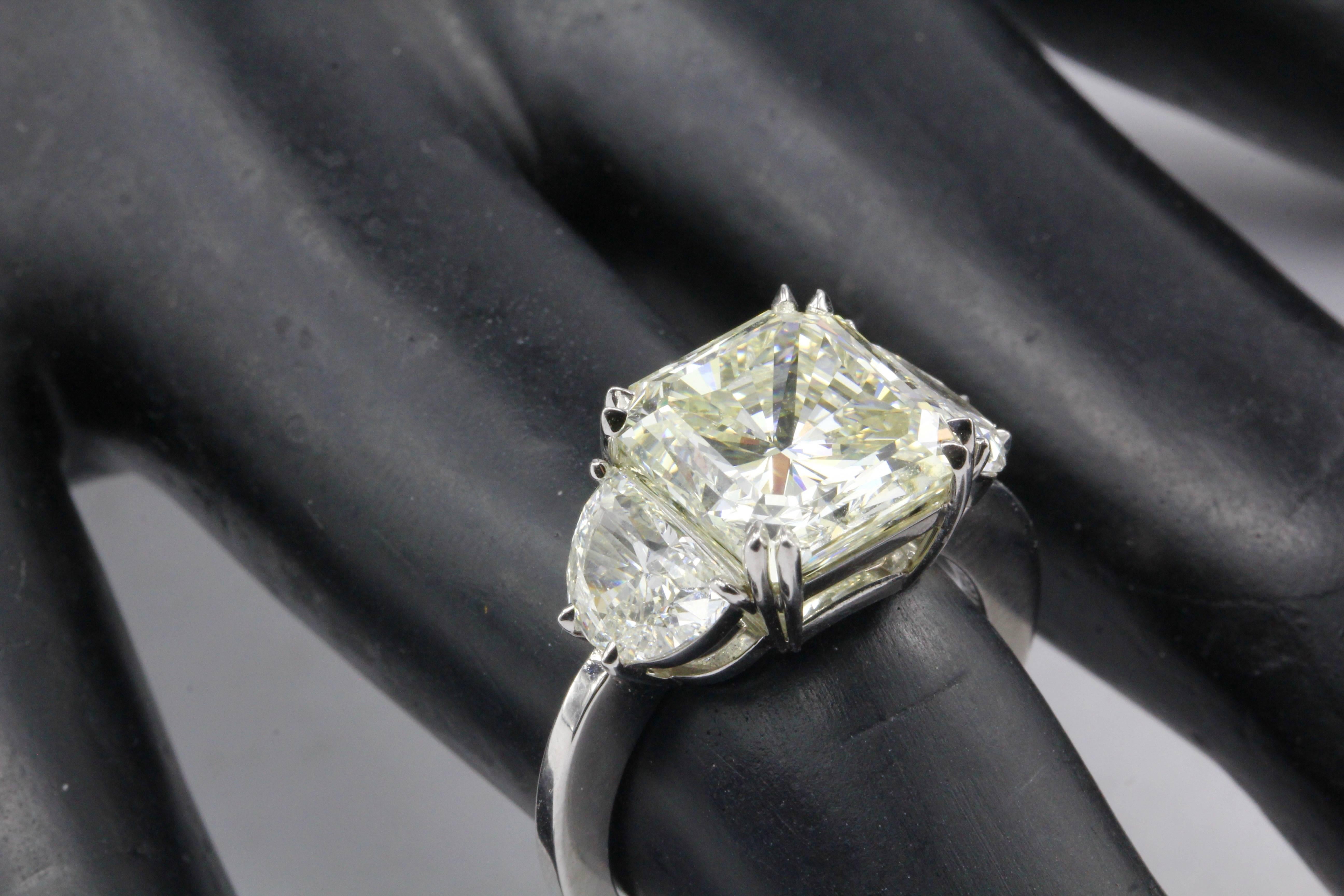 6.35 Carat Radiant Diamond in Platinum Mounting with Two Half Moons Ring 6