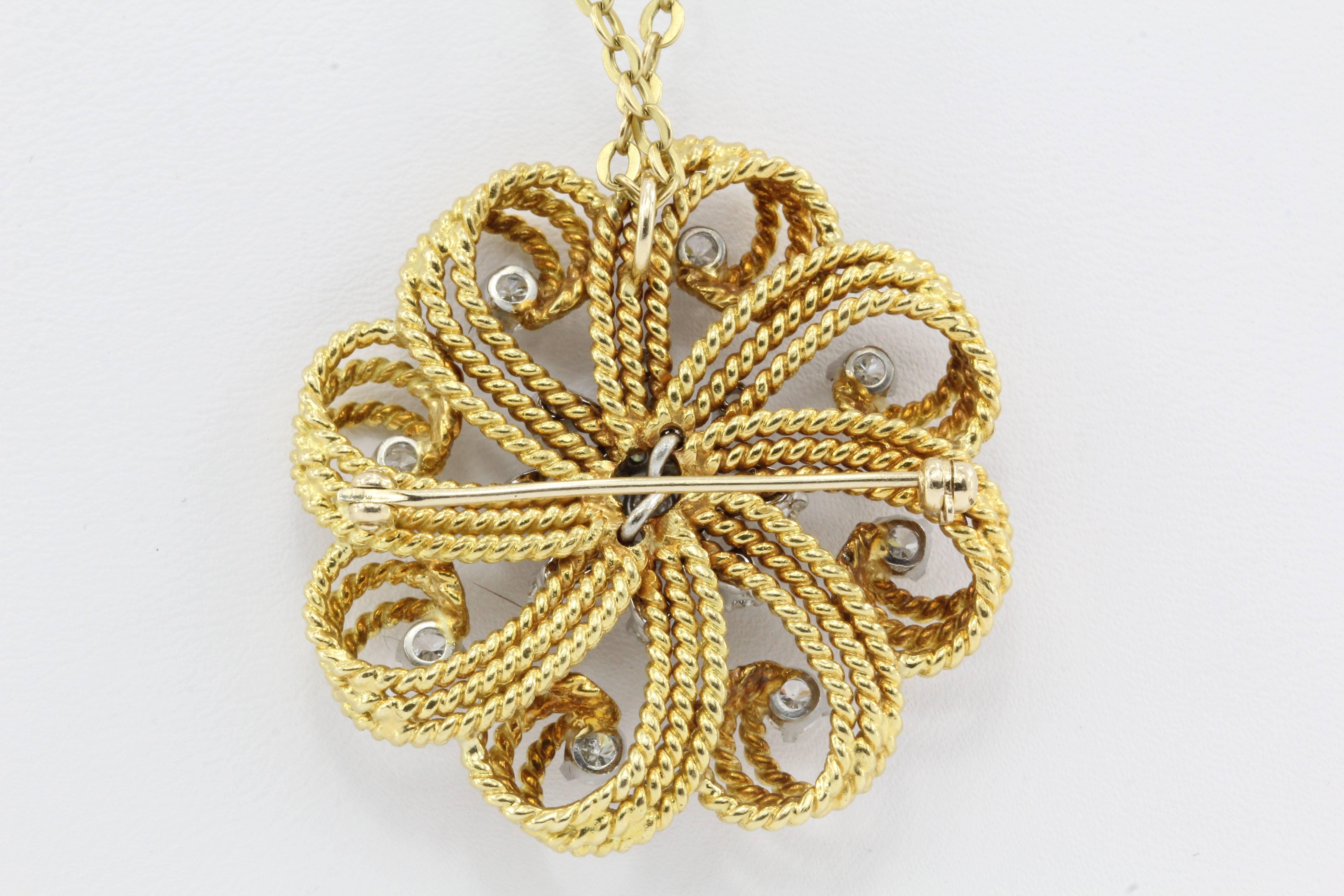 Retro Yellow Gold Diamond Flower Swirl Pendant Necklace In Excellent Condition In Cape May, NJ