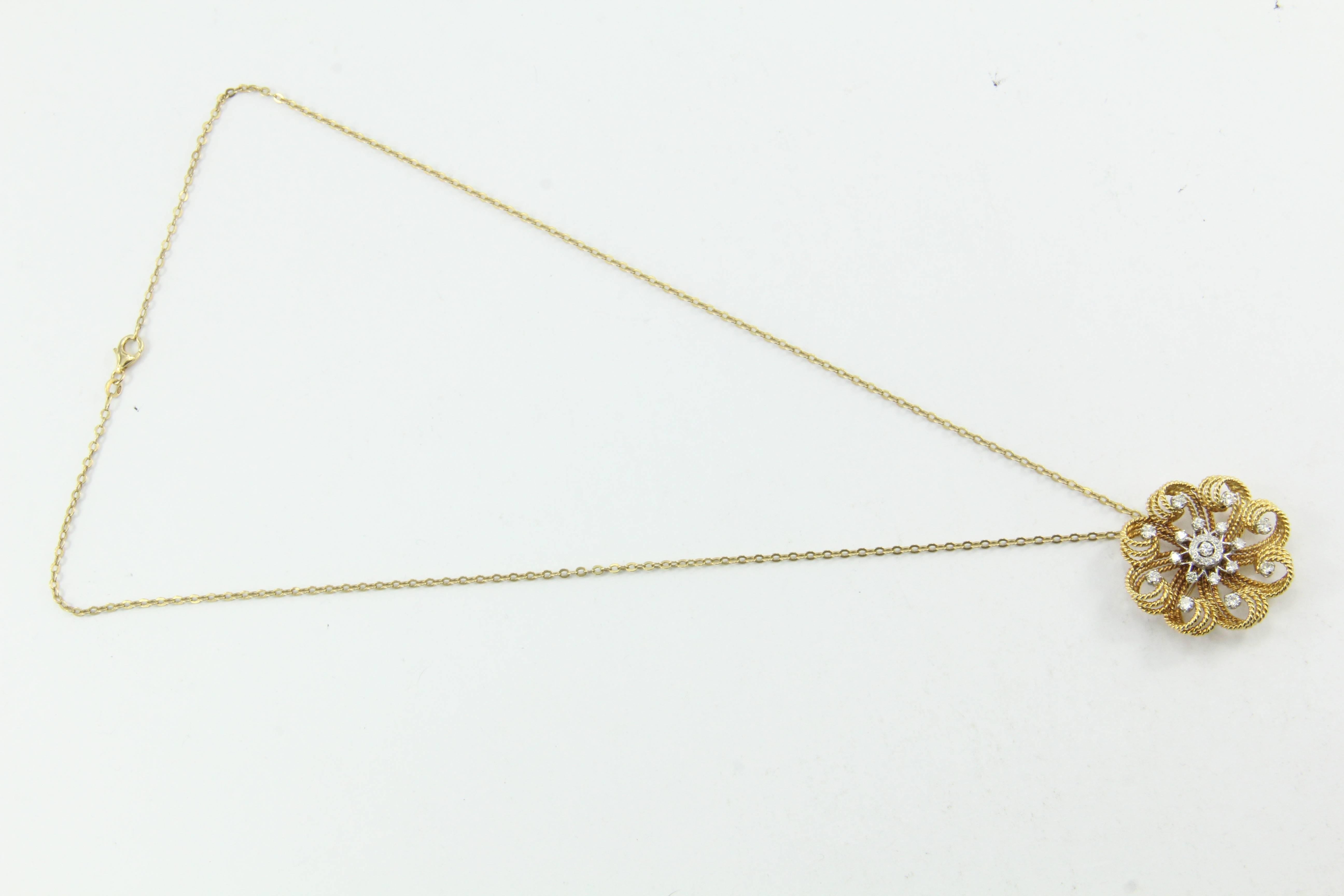 Women's Retro Yellow Gold Diamond Flower Swirl Pendant Necklace