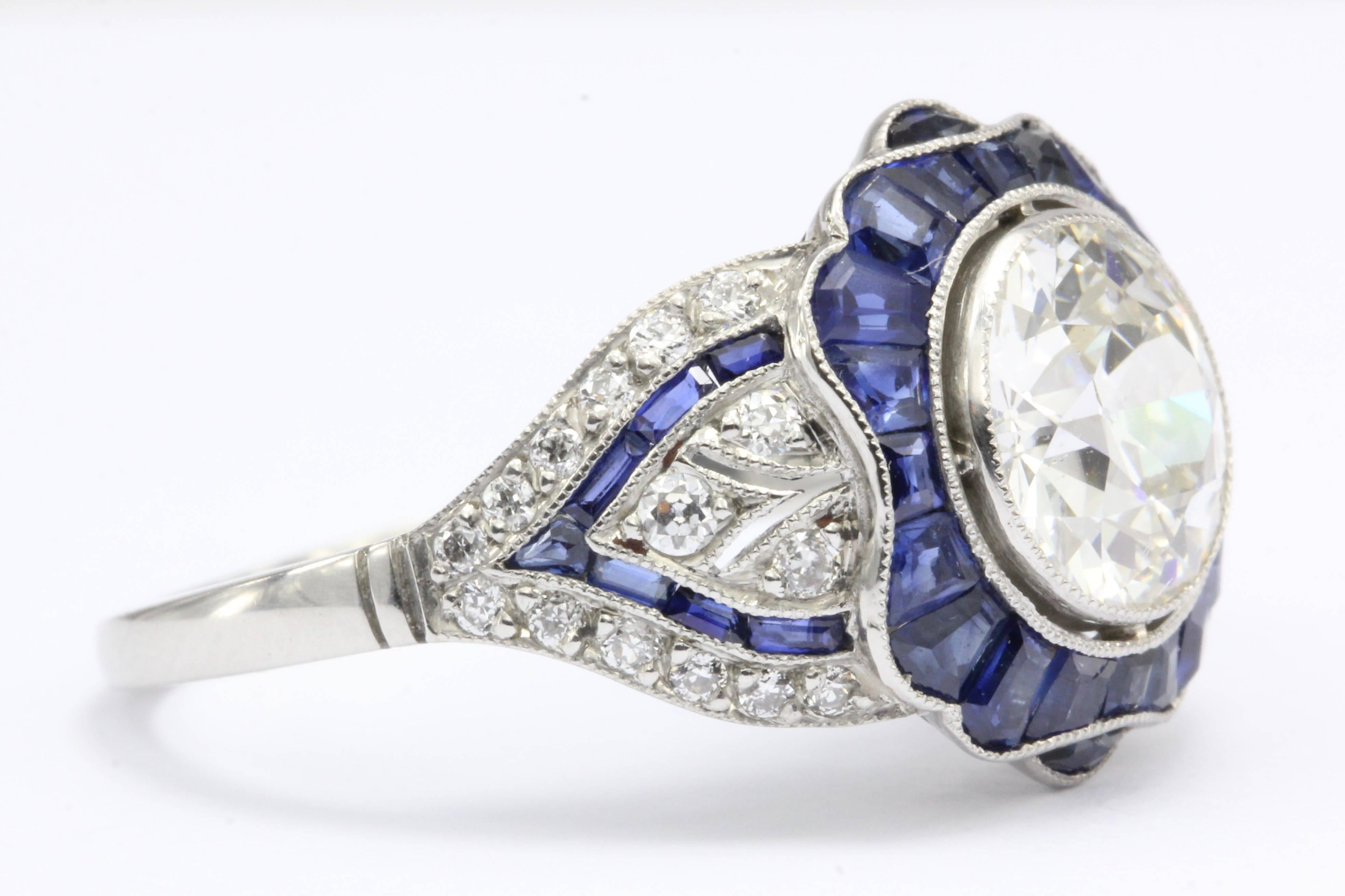 Art Deco GIA 2.07 Carat Old European Cut Diamond Sapphire Ring