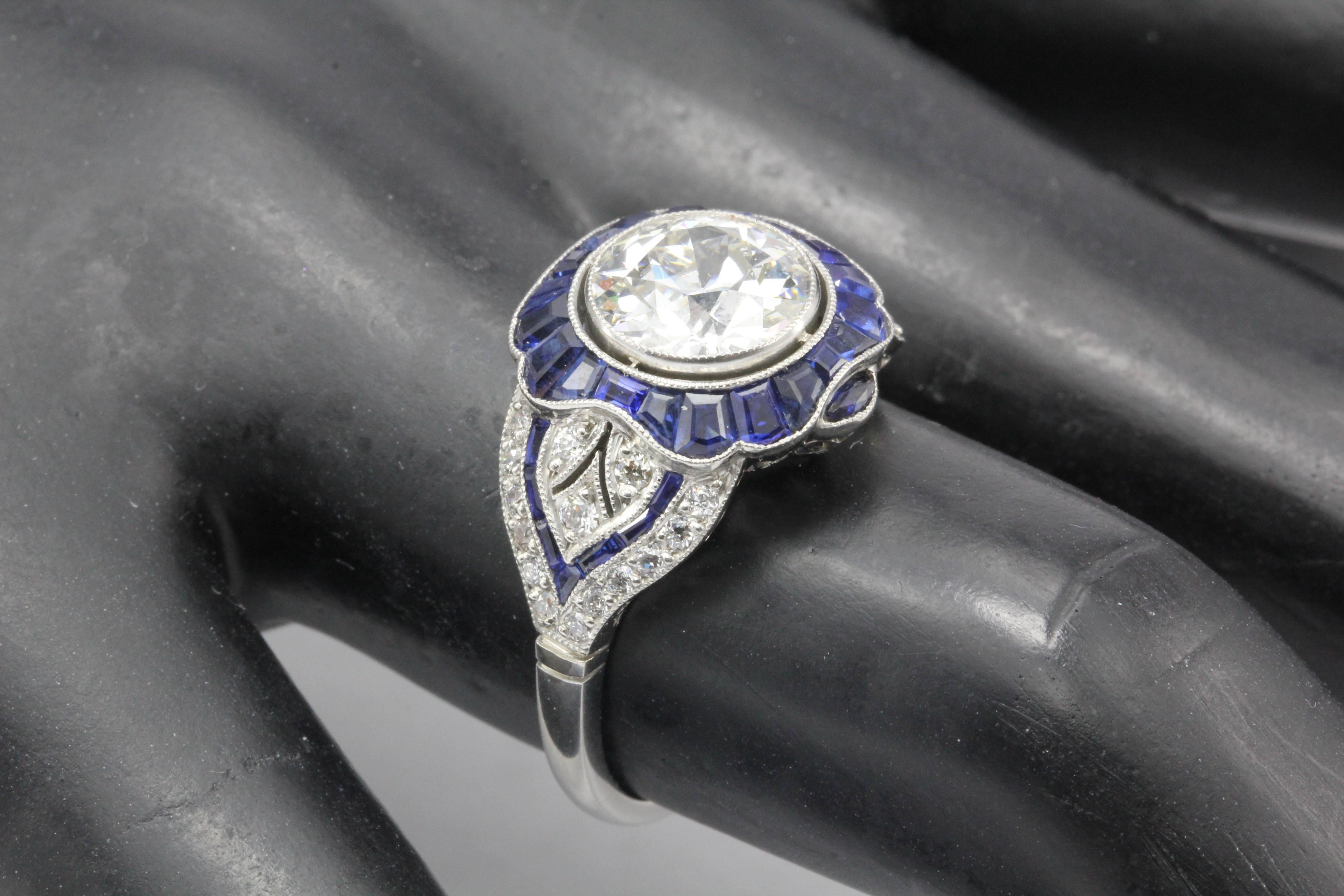 GIA 2.07 Carat Old European Cut Diamond Sapphire Ring 2