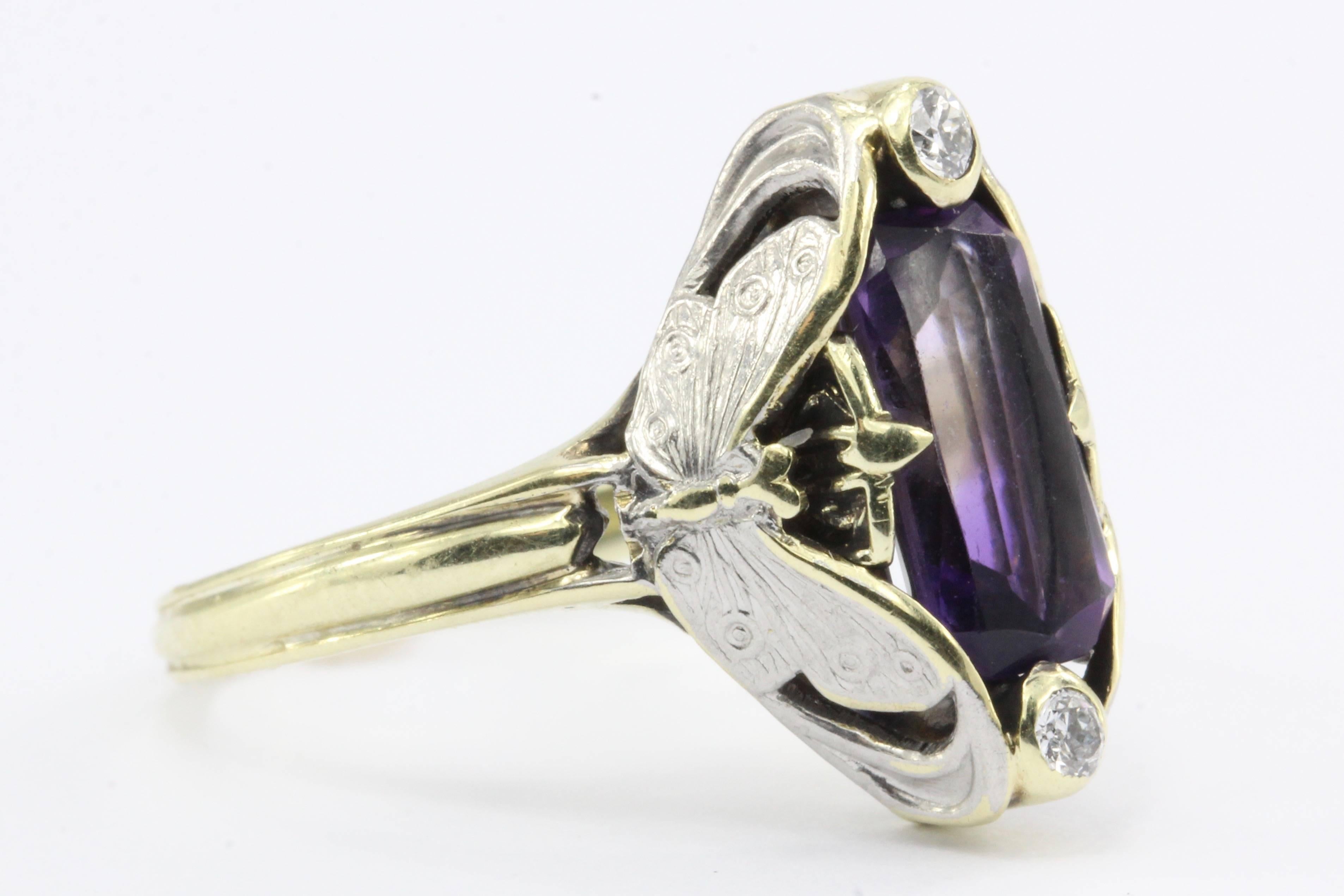 Art Nouveau Allsopp Bros. 14 Karat Multi-Tone Gold Butterfly Amethyst Ring In Excellent Condition In Cape May, NJ