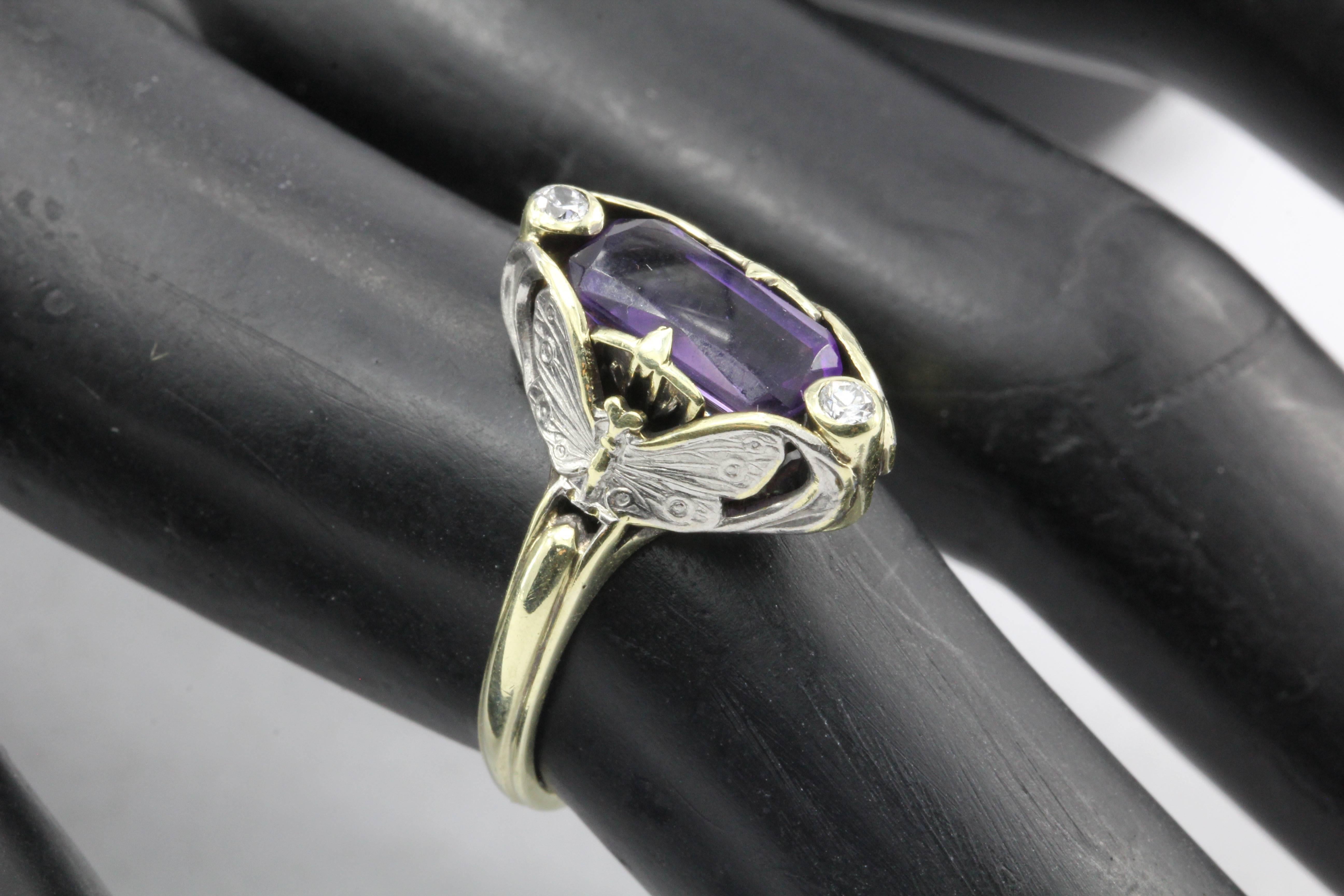 Art Nouveau Allsopp Bros. 14 Karat Multi-Tone Gold Butterfly Amethyst Ring 3