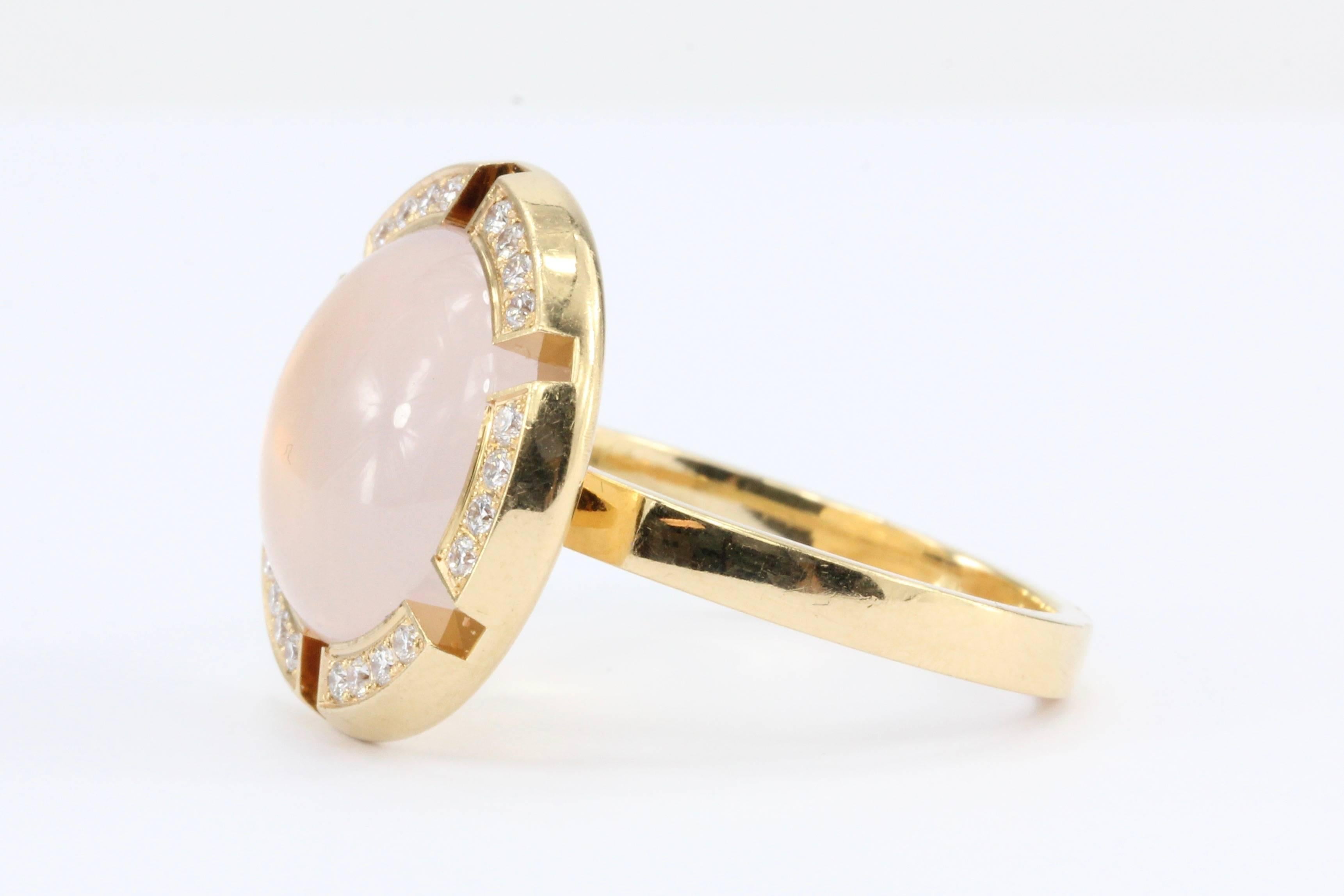Chaumet Class One Croisiere Rose Quartz Diamond Ring size 8

Hallmarks: Chaumet Paris 750 965090 53

Composition: 18k Rose Gold

Primary Stone: Rose Quartz

Dimensions: 13.25mm diameter x 6mm 

Shape: Cabochon

Accent Stone: Diamonds

Ring Face: