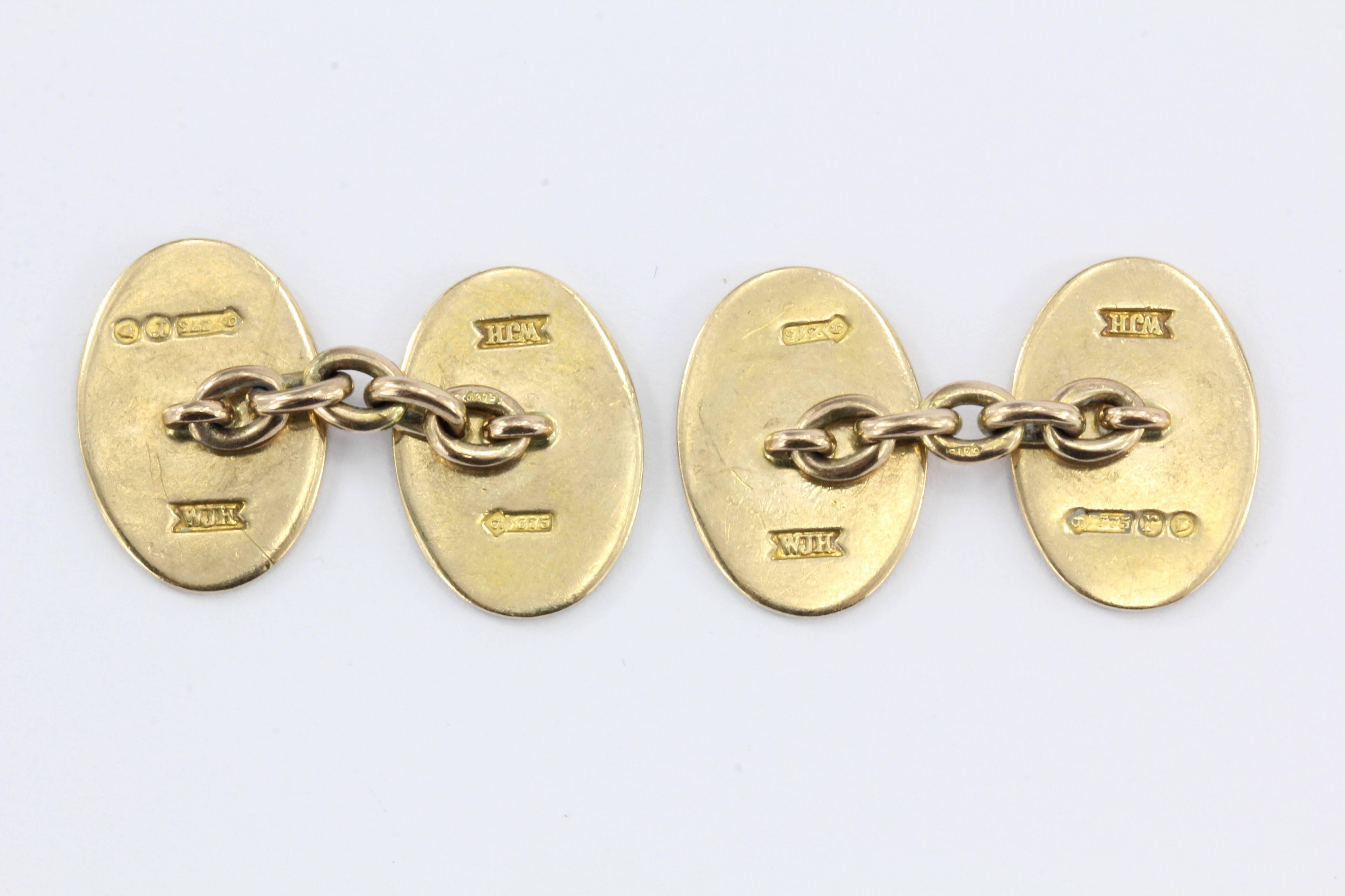 Edwardian English 9 Carat Gold Enamel Four Vices Cufflinks, circa 1912 In Excellent Condition In Cape May, NJ