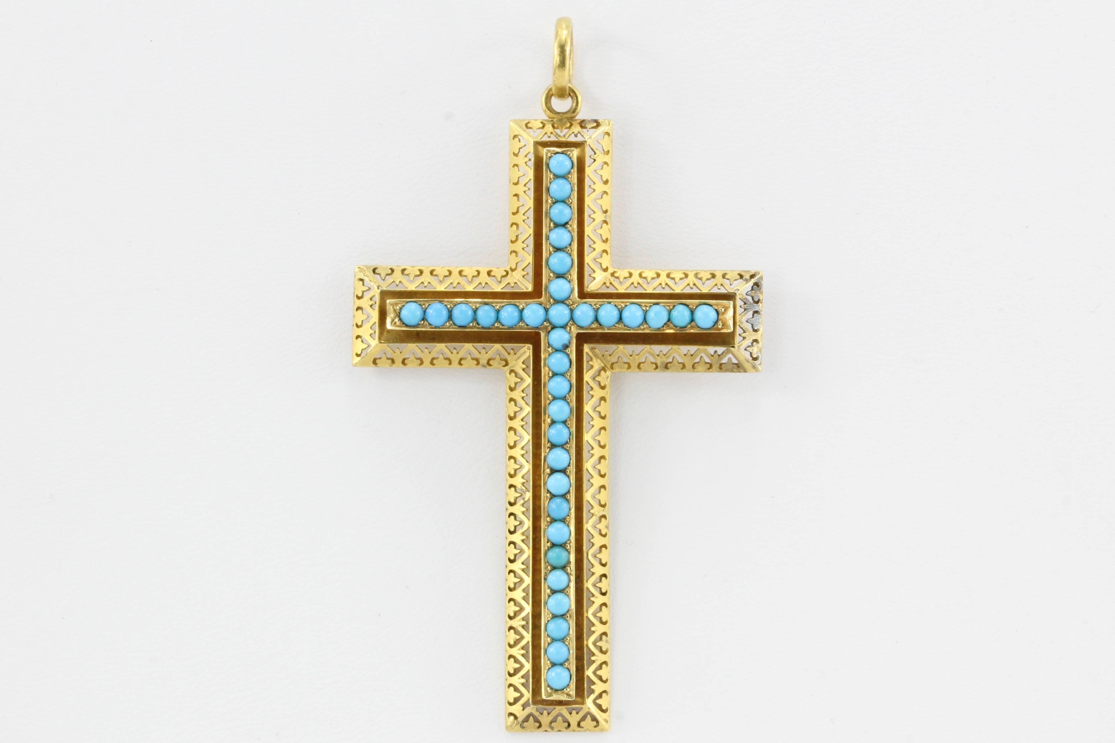 Victorian 15K Gold Persian Turquoise Pierced Cross Pendant c.1880 in Box

Era: Late Victorian c.1880

Maker: S. Brighton & Co of Buxton England

Composition: 15K Yellow Gold

Primary Stone: Persian Turquoise

Pendant Measurement: 2.5"