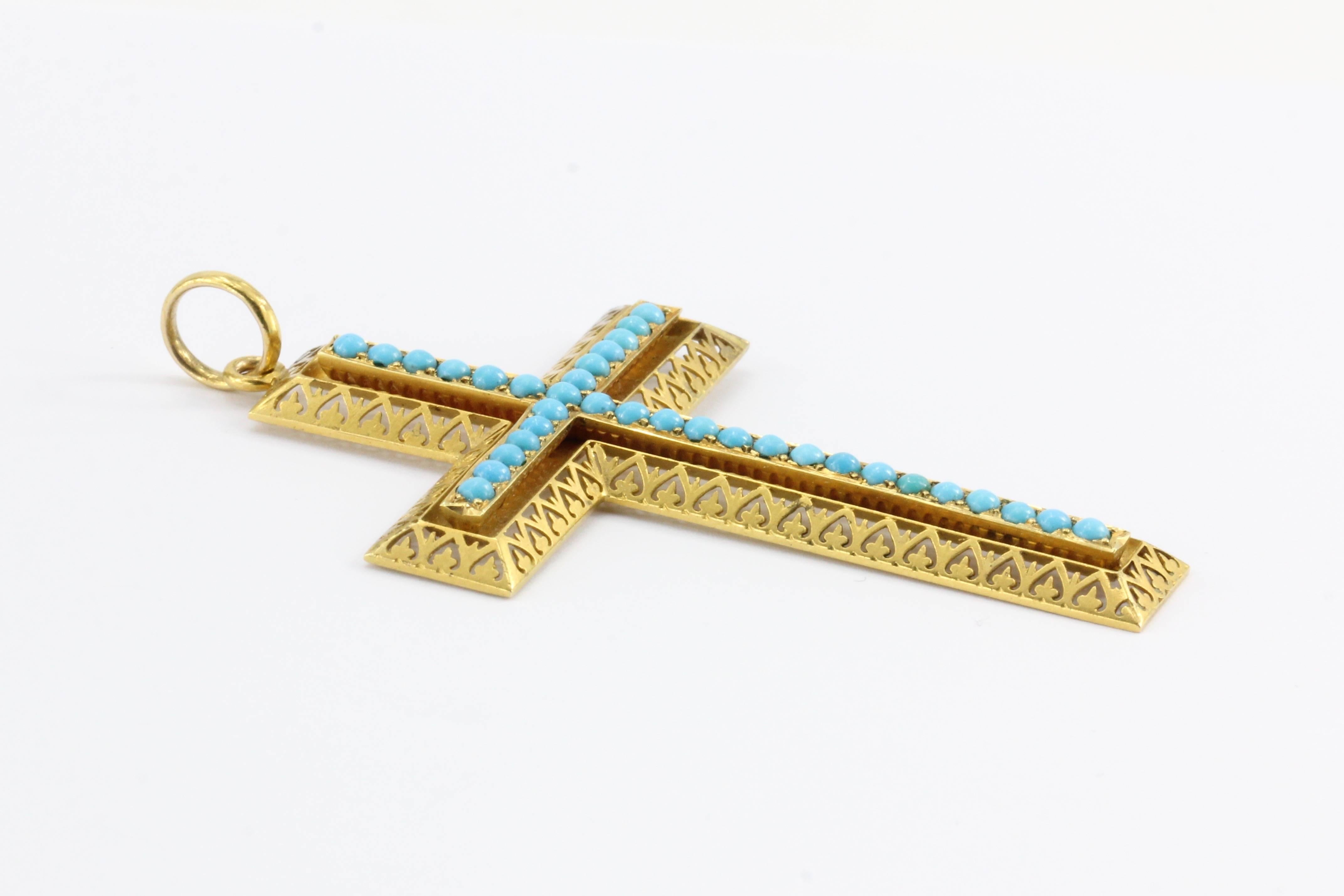Antique Victorian  Persian Turquoise Pierced Gold Cross Pendant in Box In Excellent Condition In Cape May, NJ