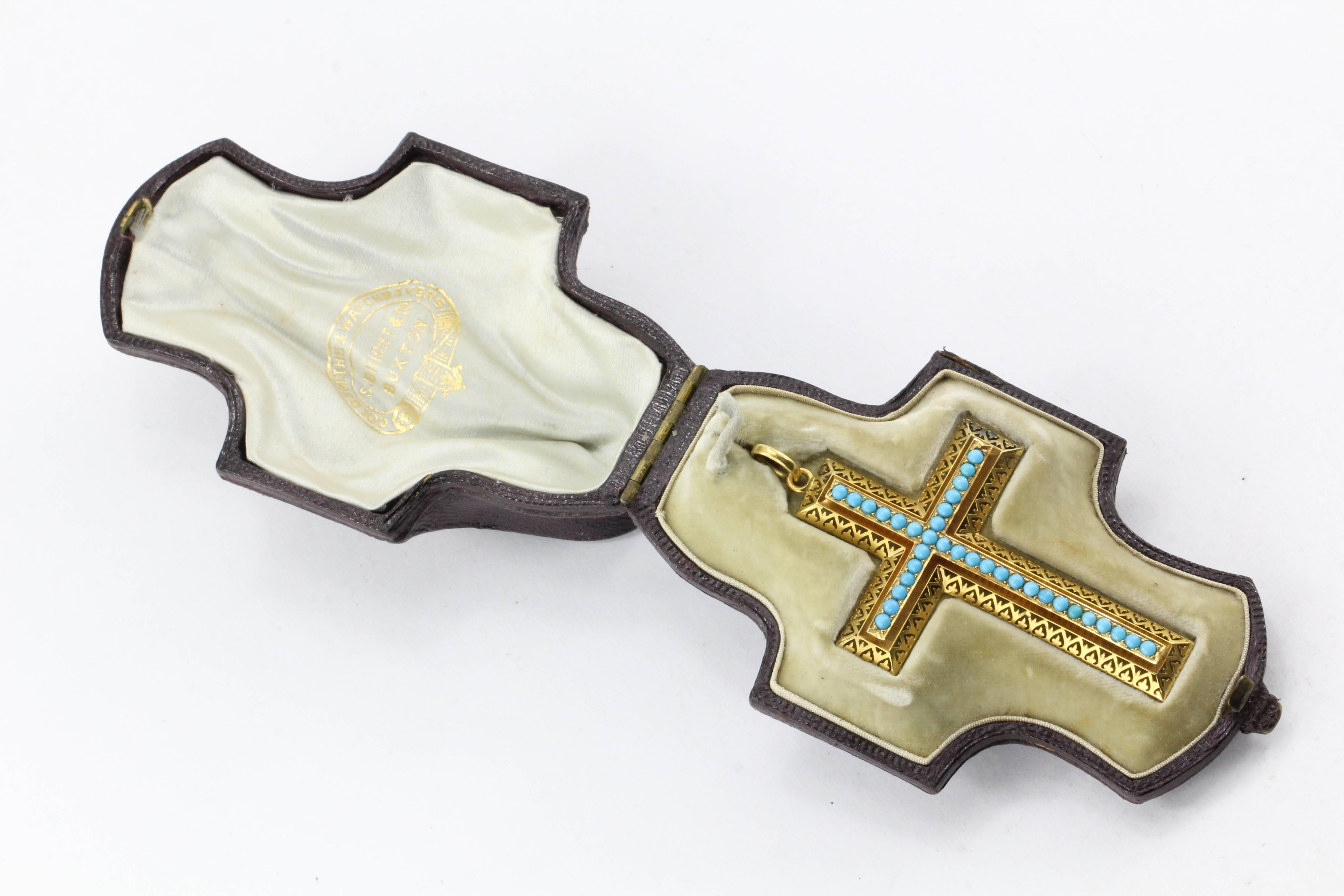 Women's Antique Victorian  Persian Turquoise Pierced Gold Cross Pendant in Box