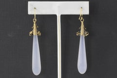 Victorian 15 Karat Gold White Chalcedony Drop Dangle Earrings, circa 1840s