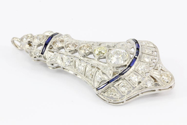 Old European Cut Art Deco Platinum Diamond Sapphire Convertible Pendant Brooch For Sale