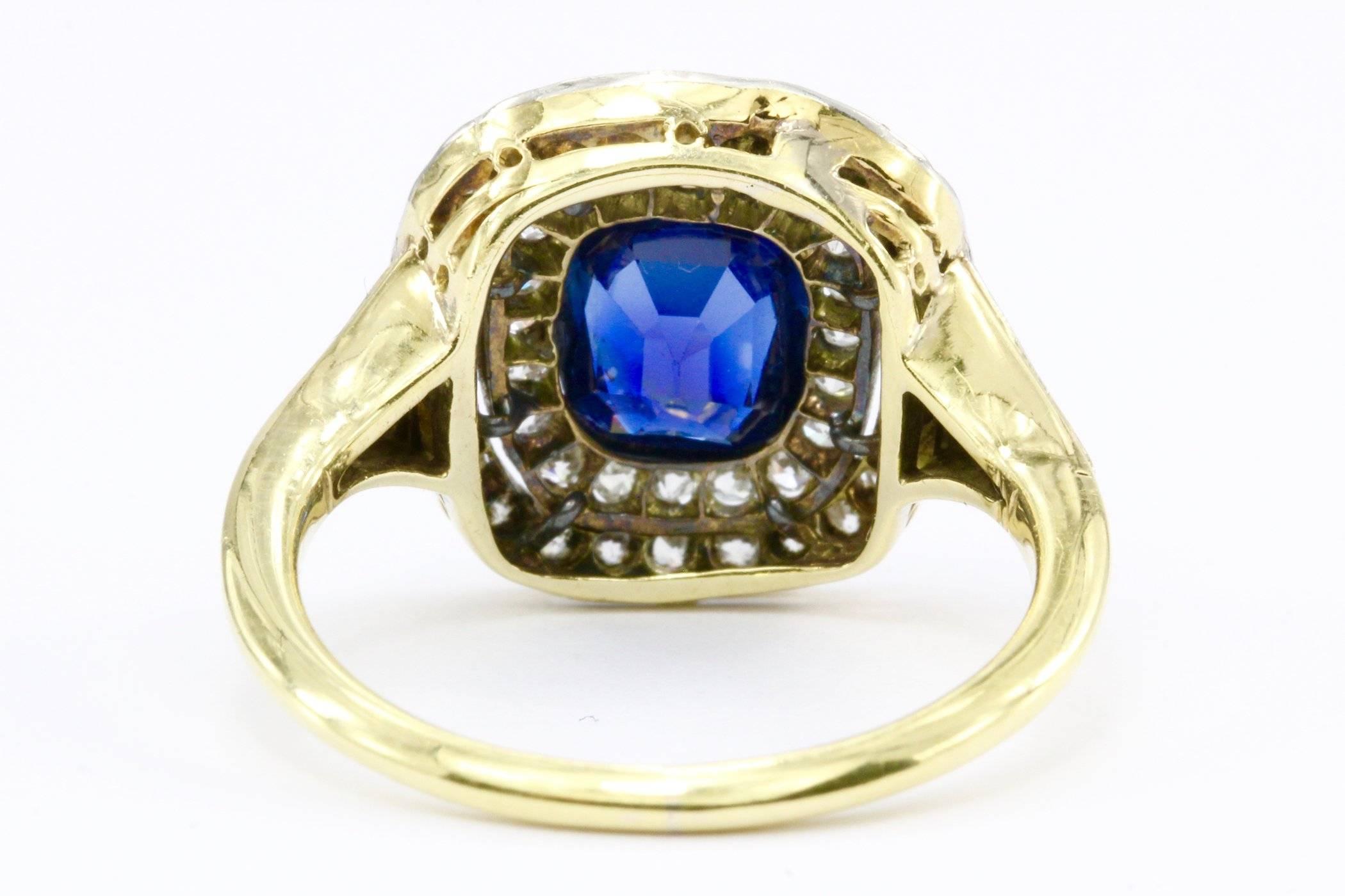 Old European Cut Edwardian Gold Natural 1.75 Carat Blue Australian Sapphire Diamond Ring