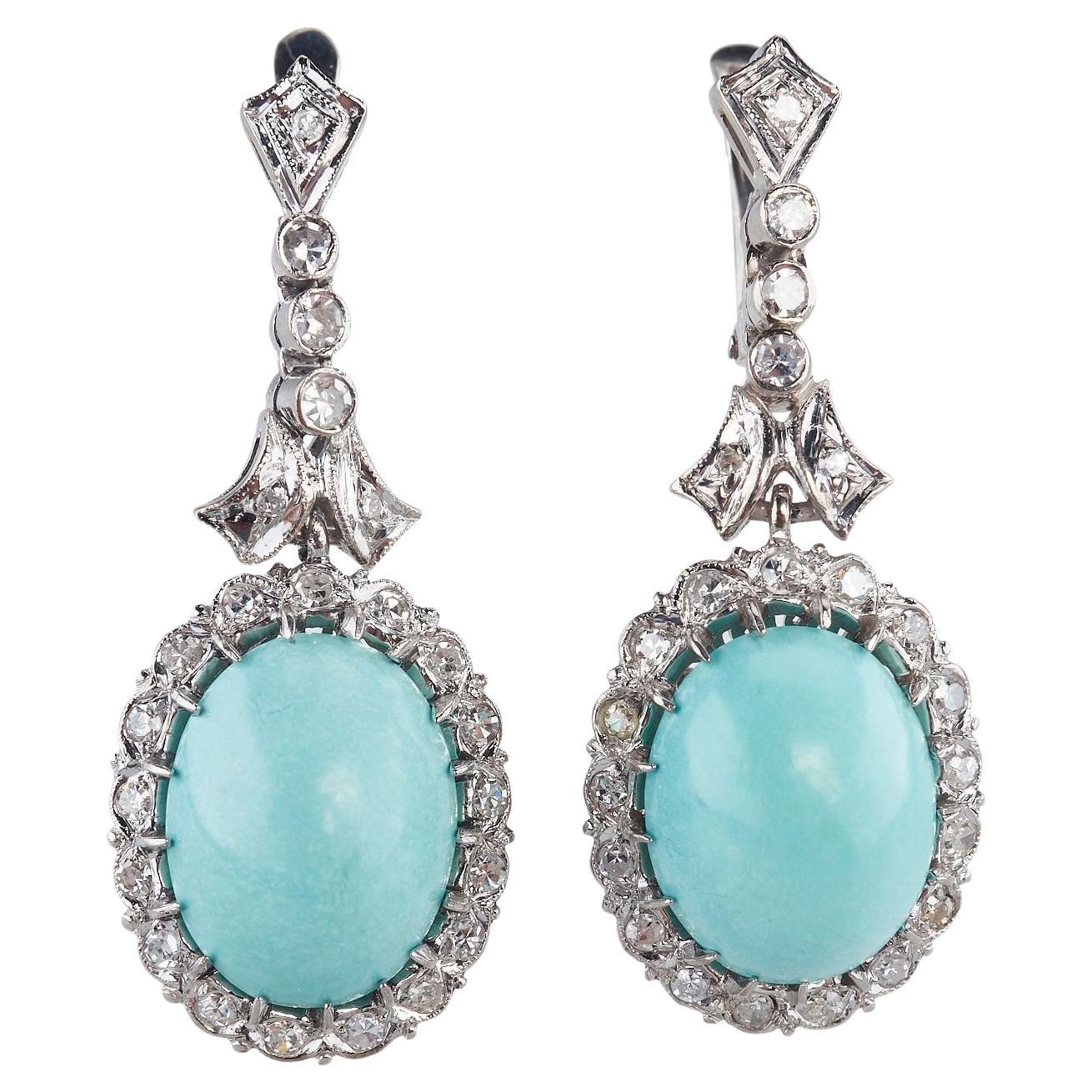Ca. 1950 - Pendientes franceses de oro con turquesa y diamantes