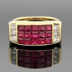 Estate 18K Yellow Gold Invisible Set Ruby & Diamond Cocktail Ring — 2.28ctw