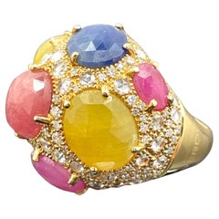 Verdi Multi-Color Sapphire Cabochon & Diamond Ring 18k Rose Gold 28.85ctw Italy