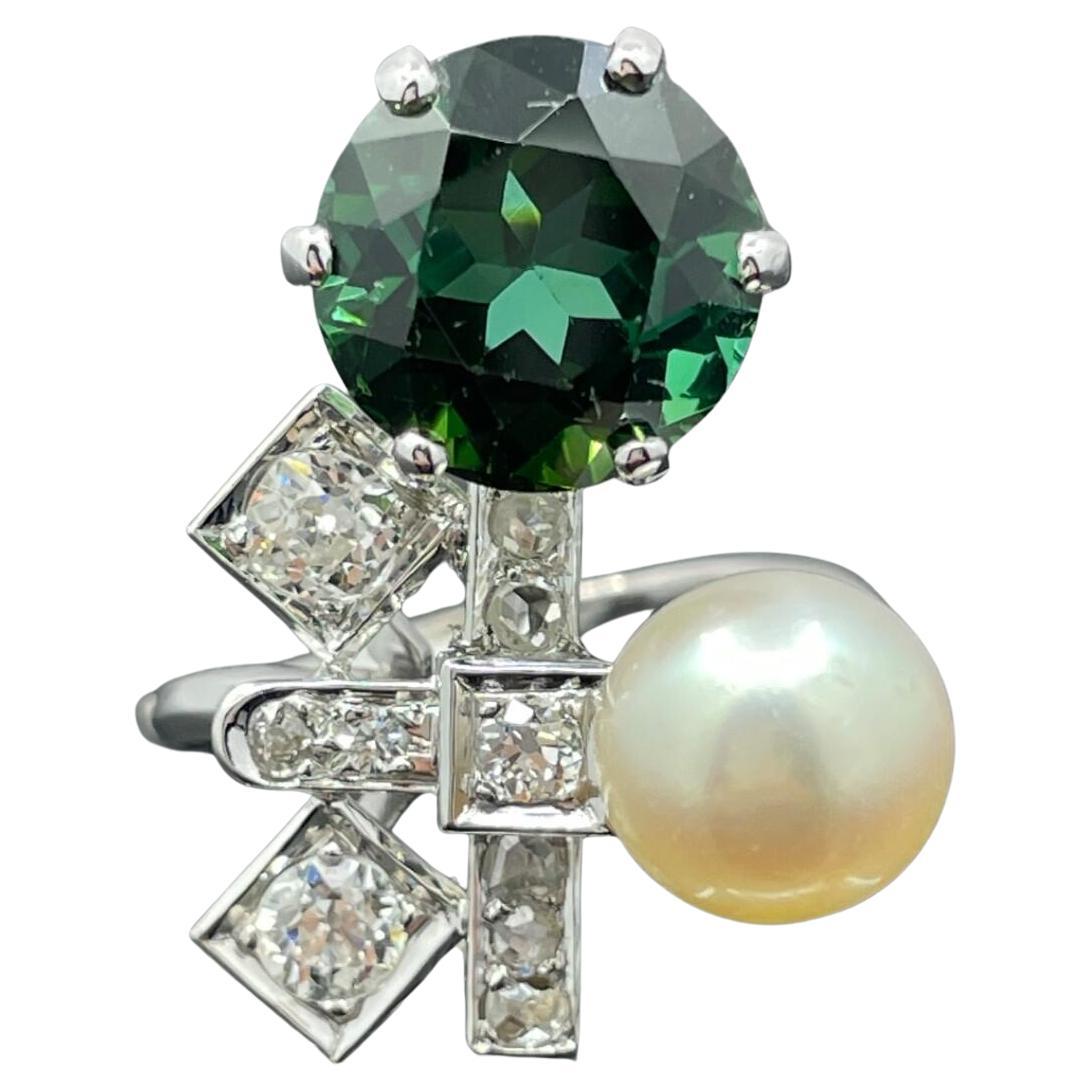 Vintage French Late Art Deco Tourmaline, Diamond & Akoya Pearl 18k 5.06ctw