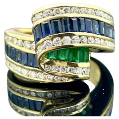 Estate Ribbon Ring Emerald Sapphire Diamond 18k Yellow Gold 2.25ctw