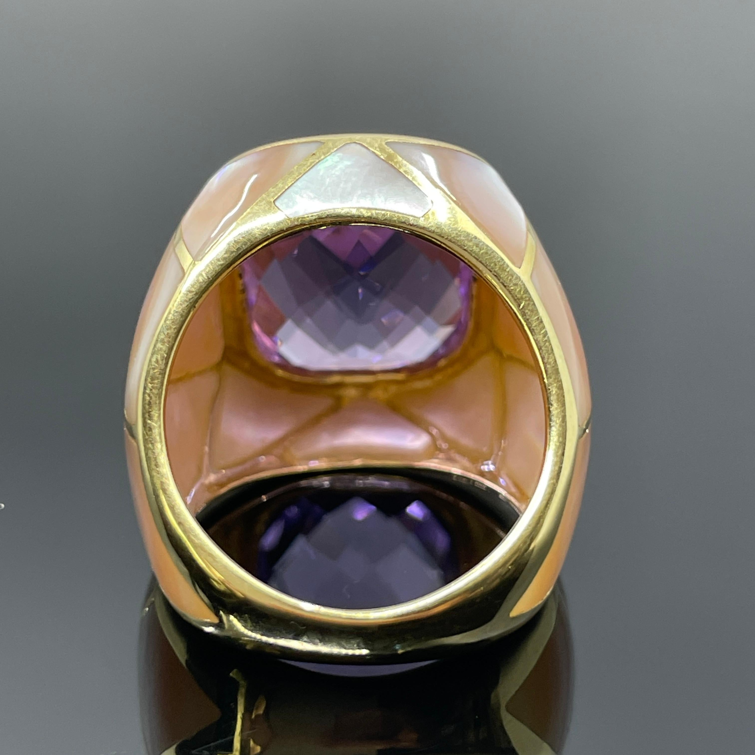 Anello di proprietà con ametista e madreperla rosa in oro giallo 14k 9,46ct in vendita 3