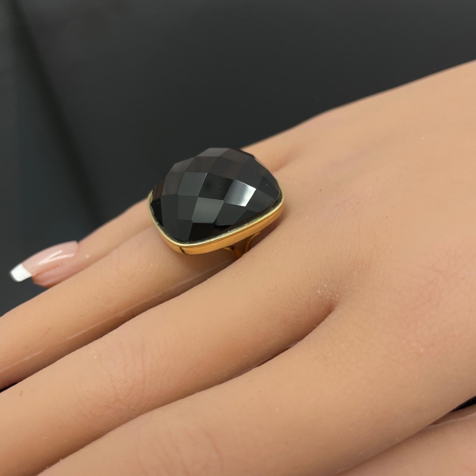 Anello in oro giallo 14k con cabochon a scacchiera di quarzo fumé di grandi dimensioni in vendita 4
