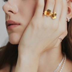 Double Flower 18K Yellow Gold Ring with Citrine Accents, Size 8