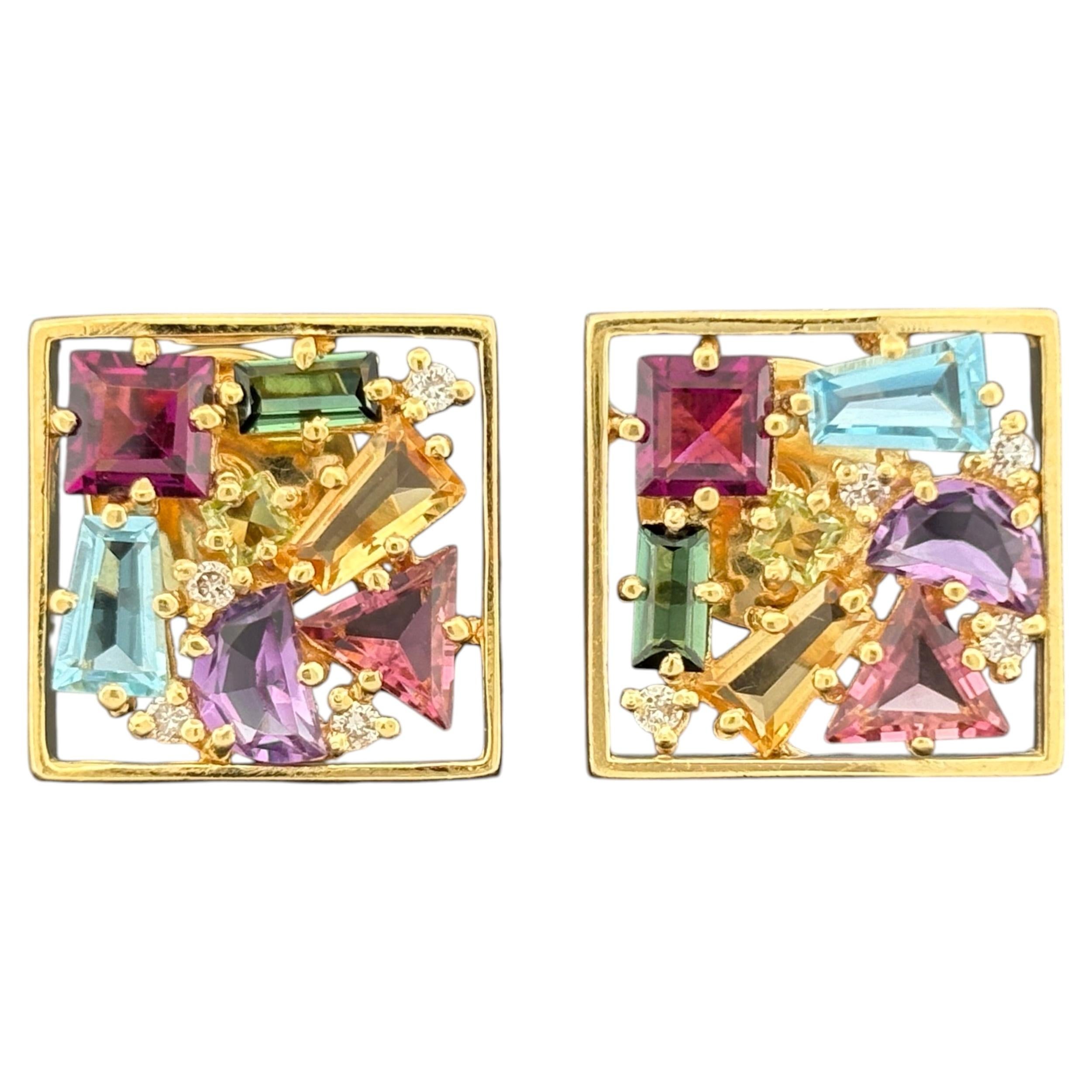 Modernist 18K Gold Multi-Gemstone Cluster Earrings, Signed RG, Diamond Accents