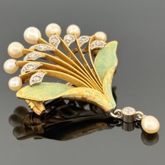 French Art Nouveau Diamond, Natural Pearl & Enamel Brooch, André Rambour