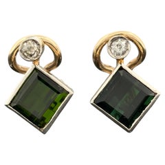Vintage Modernist Tourmaline & Old Mine Cut Diamond Earrings 14k Gold