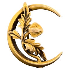 Antique Victorian Crescent Moon & Oak Leaf 14k Gold Pin