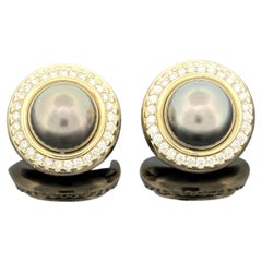 Tahitian Pearl 9.5mm and Diamond 14k Yellow Gold Earrings — Halo Set Studs