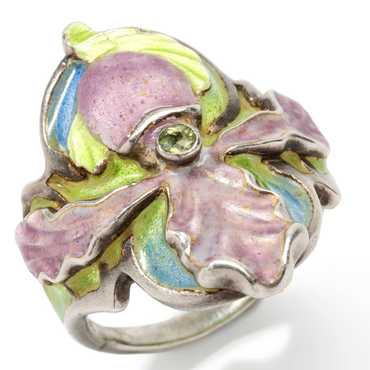 A gorgeous example for german enamel jewellery around 1900. Silver. Marked with 925. Total weight: 9,3 grams. 
Ring size: 57 ( US 8 ). Resizable.