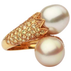 Double South Sea Pearl Diamond Gold Cocktail Ring